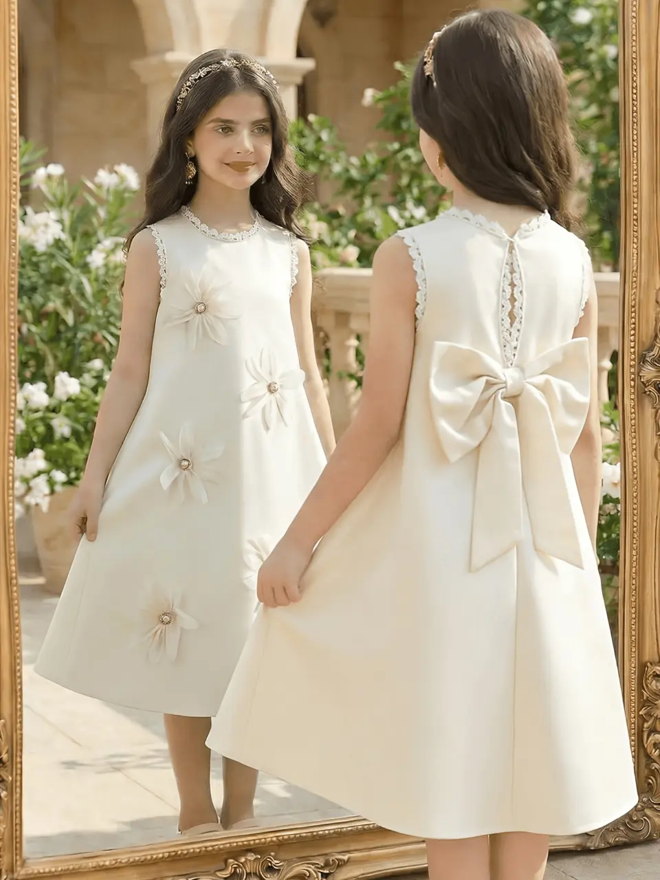 Girls Pearl Flower Sleeveless Party Dress