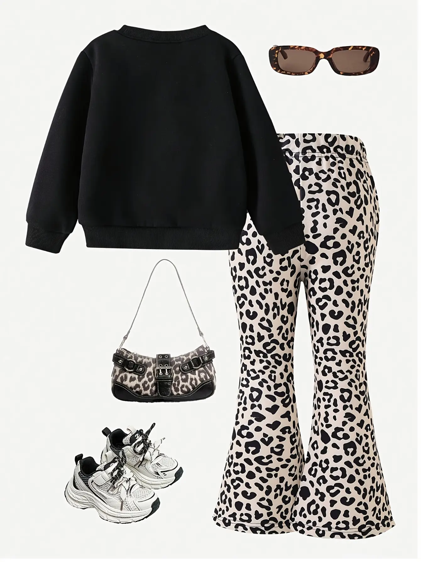 Girls Bow Sweatshirt and Leopard Flare Pants Set detail view