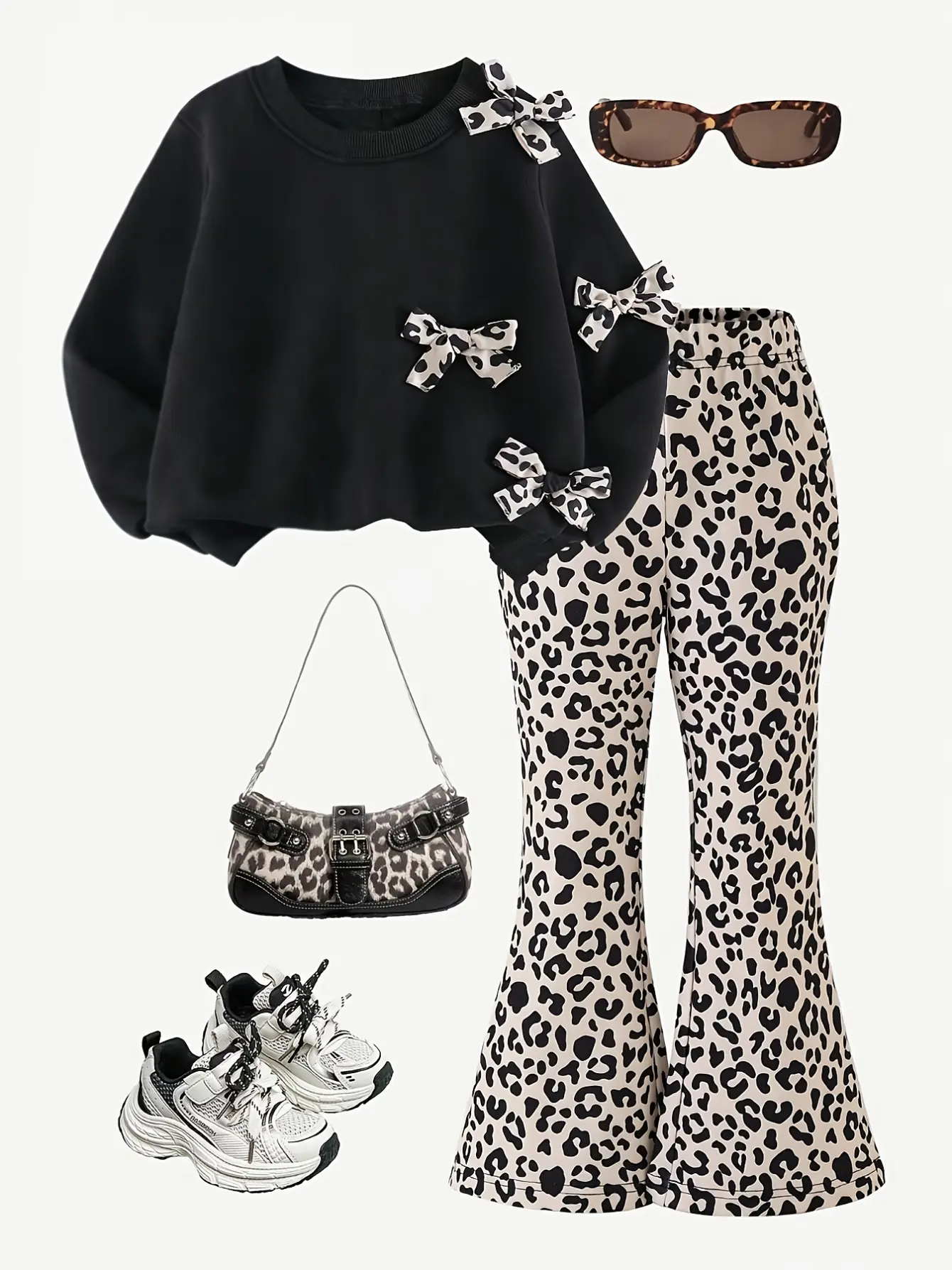 Girls Bow Sweatshirt and Leopard Flare Pants Set