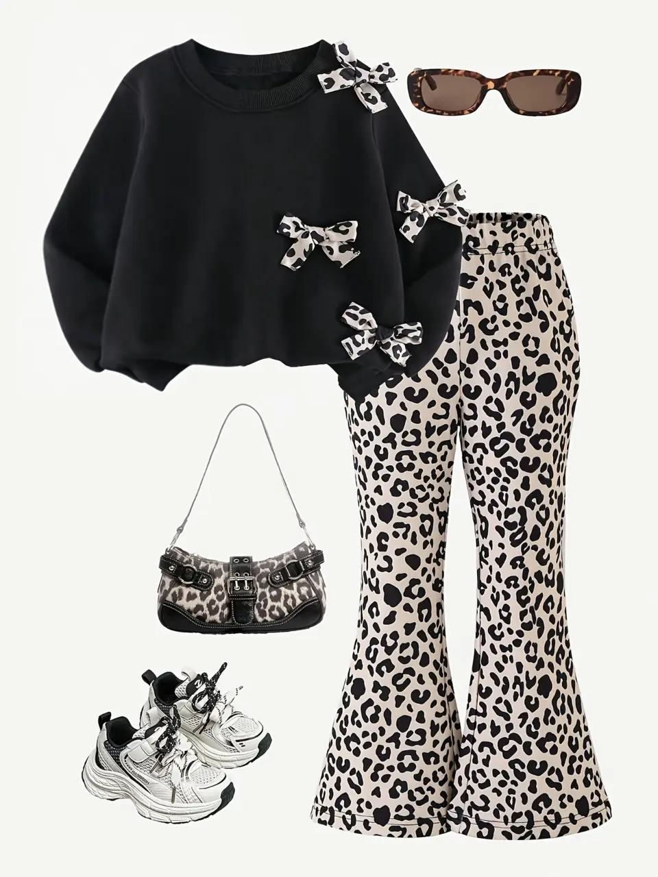 Girls Bow Sweatshirt and Leopard Flare Pants Set