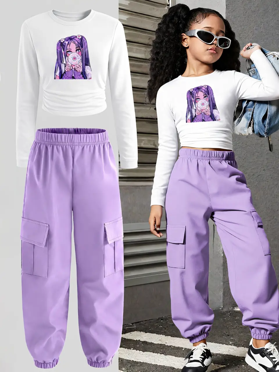 Girls Graphic Long Sleeve Tee and Purple Cargo Pants Set