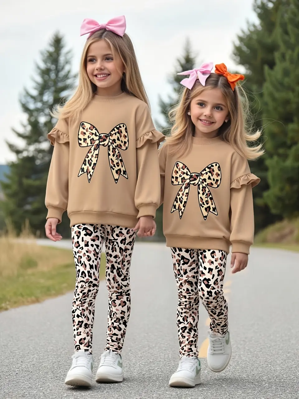 Girls Leopard Bow Sweatshirt and Leggings Set