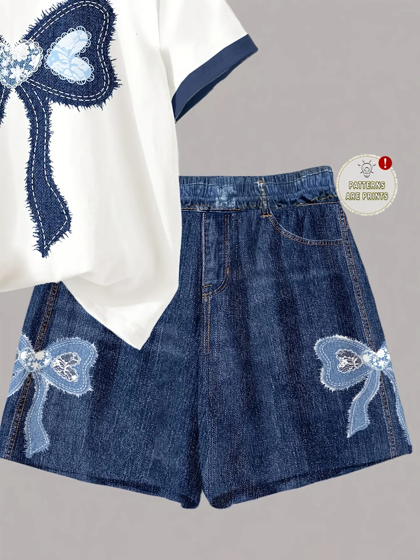 Girls Bow Print Tee and High Waist Shorts Set detail view