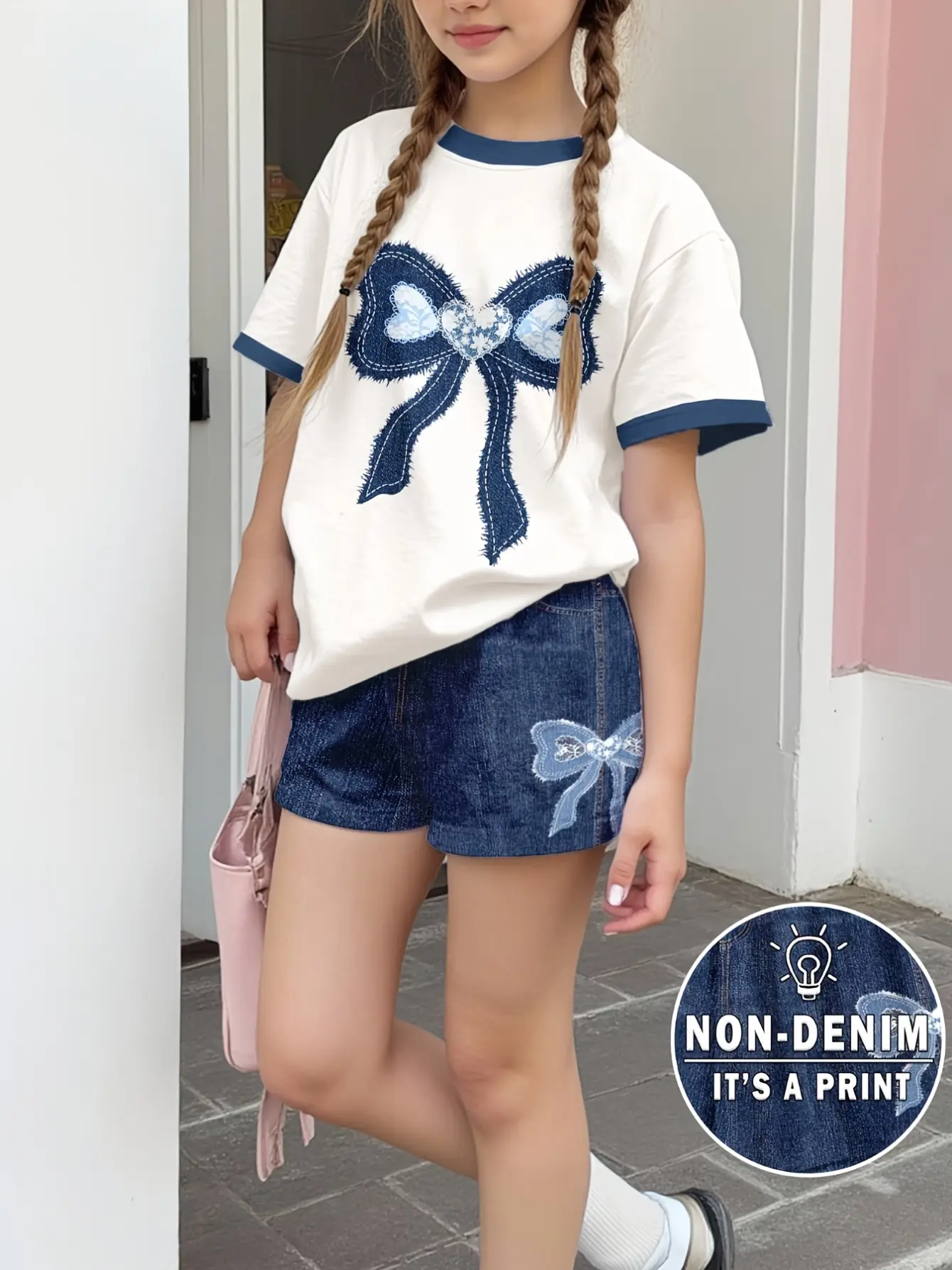 Girls Bow Print Tee and High Waist Shorts Set