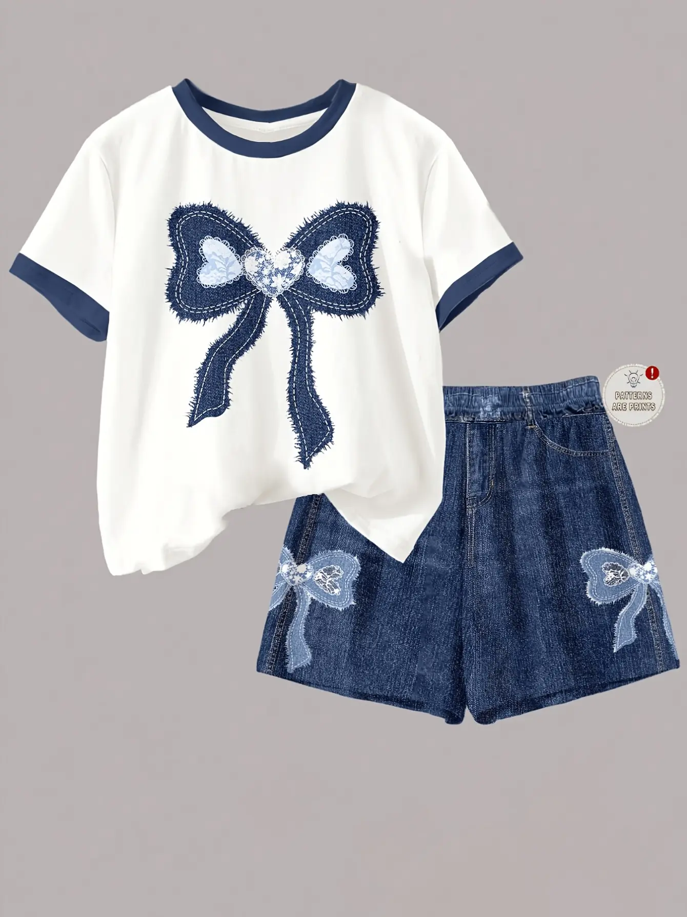 Girls Bow Print Tee and High Waist Shorts Set detail view