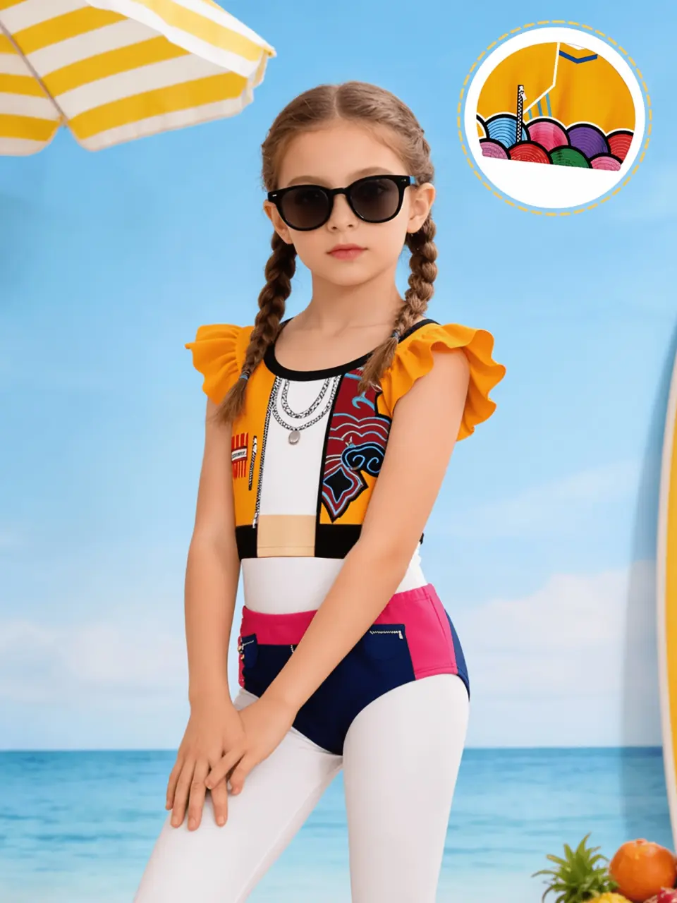 Girls Cartoon Print Ruffle Bikini Swim Set