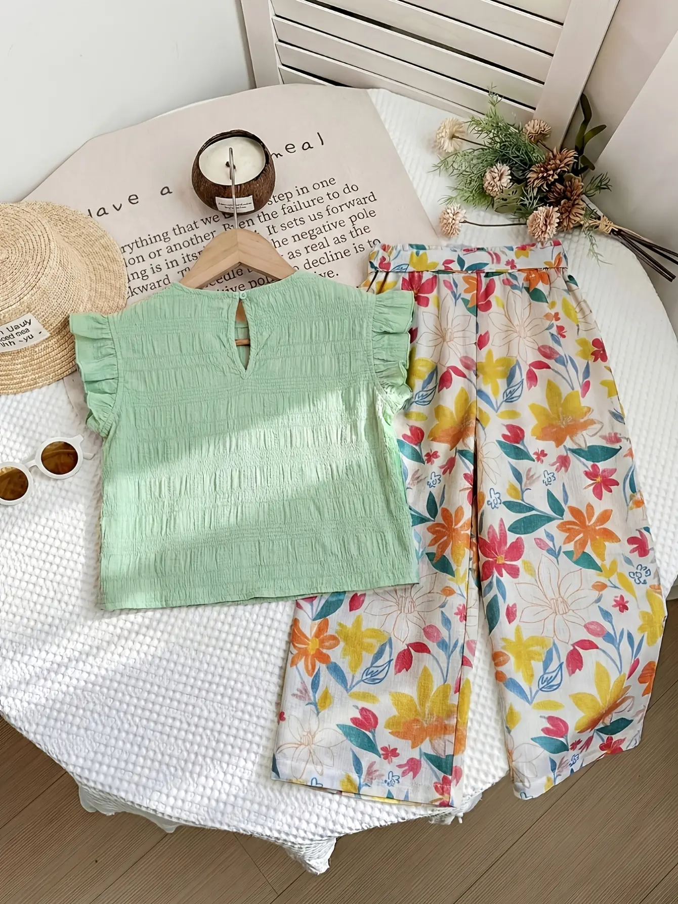 Girls Ruffle Sleeve Top and Floral Wide Leg Pants Set detail view