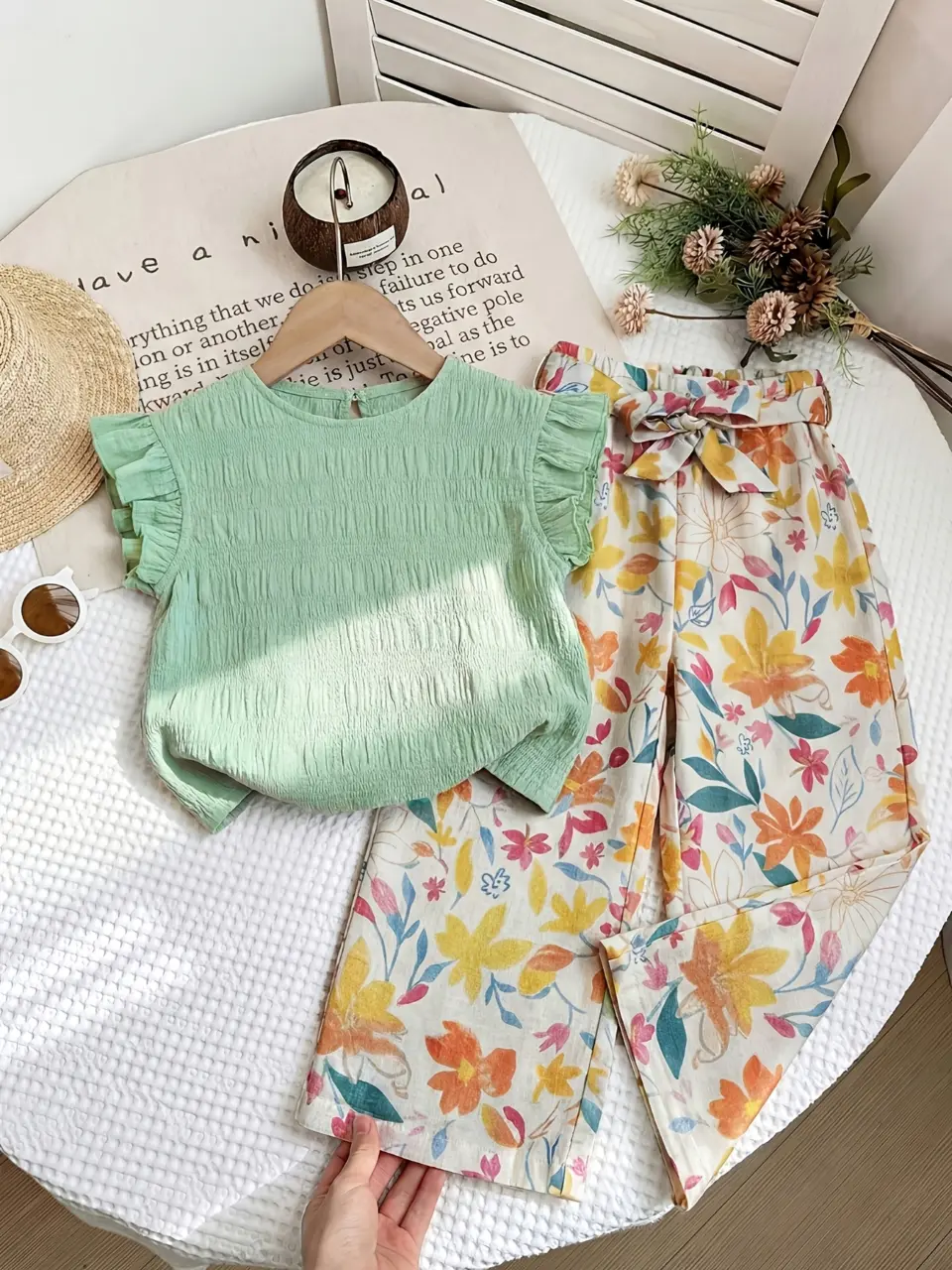 Girls Ruffle Sleeve Top and Floral Wide Leg Pants Set