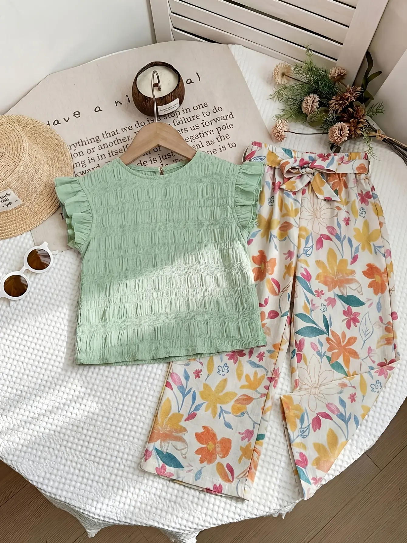 Girls Ruffle Sleeve Top and Floral Wide Leg Pants Set detail view