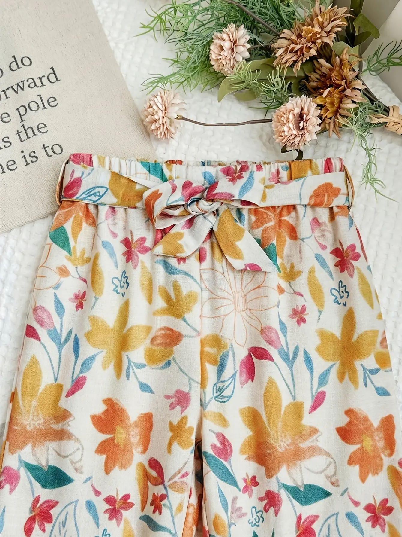 Girls Ruffle Sleeve Top and Floral Wide Leg Pants Set detail view