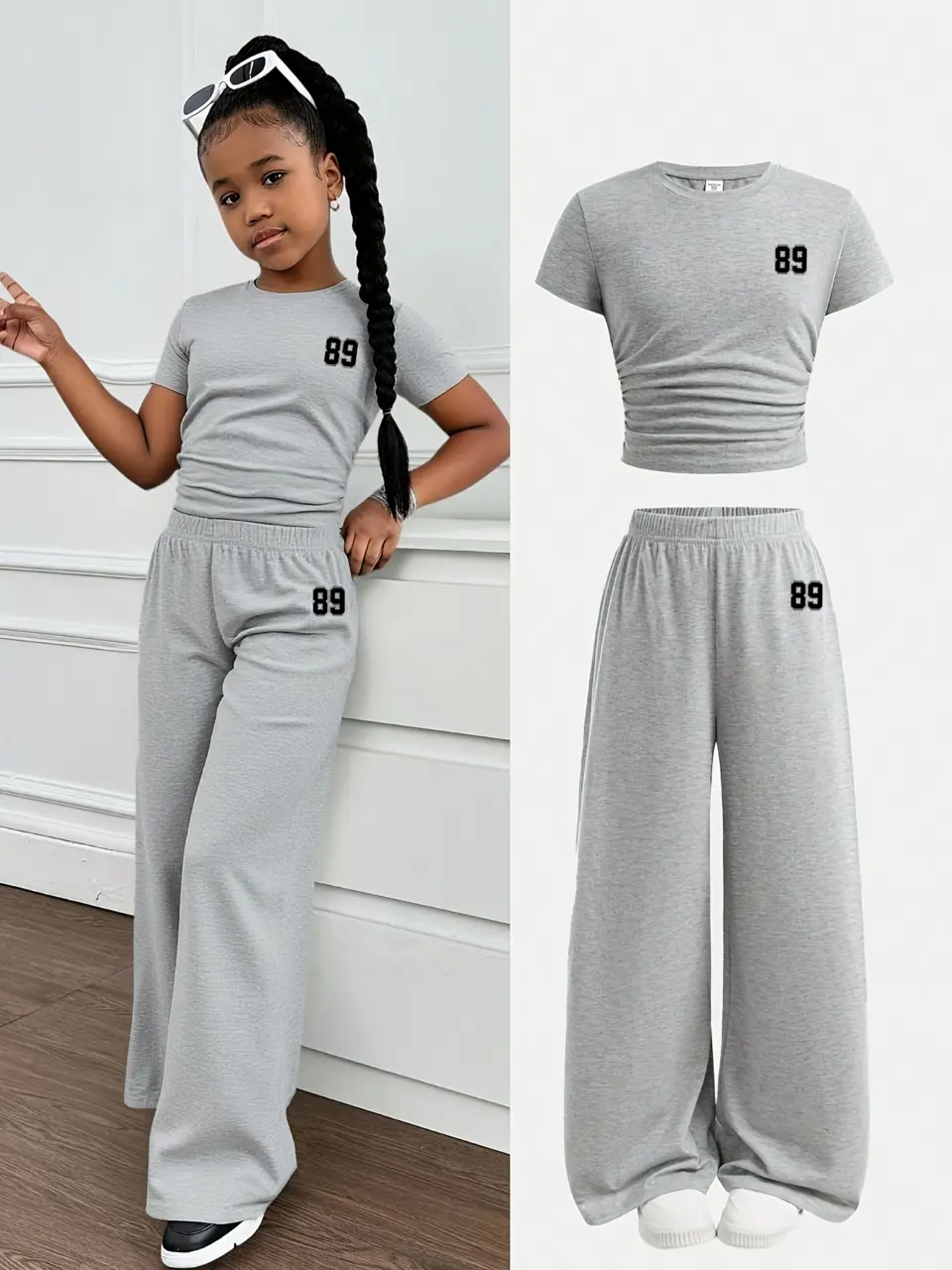 Girls Number Print Tee and Wide Leg Pants Set