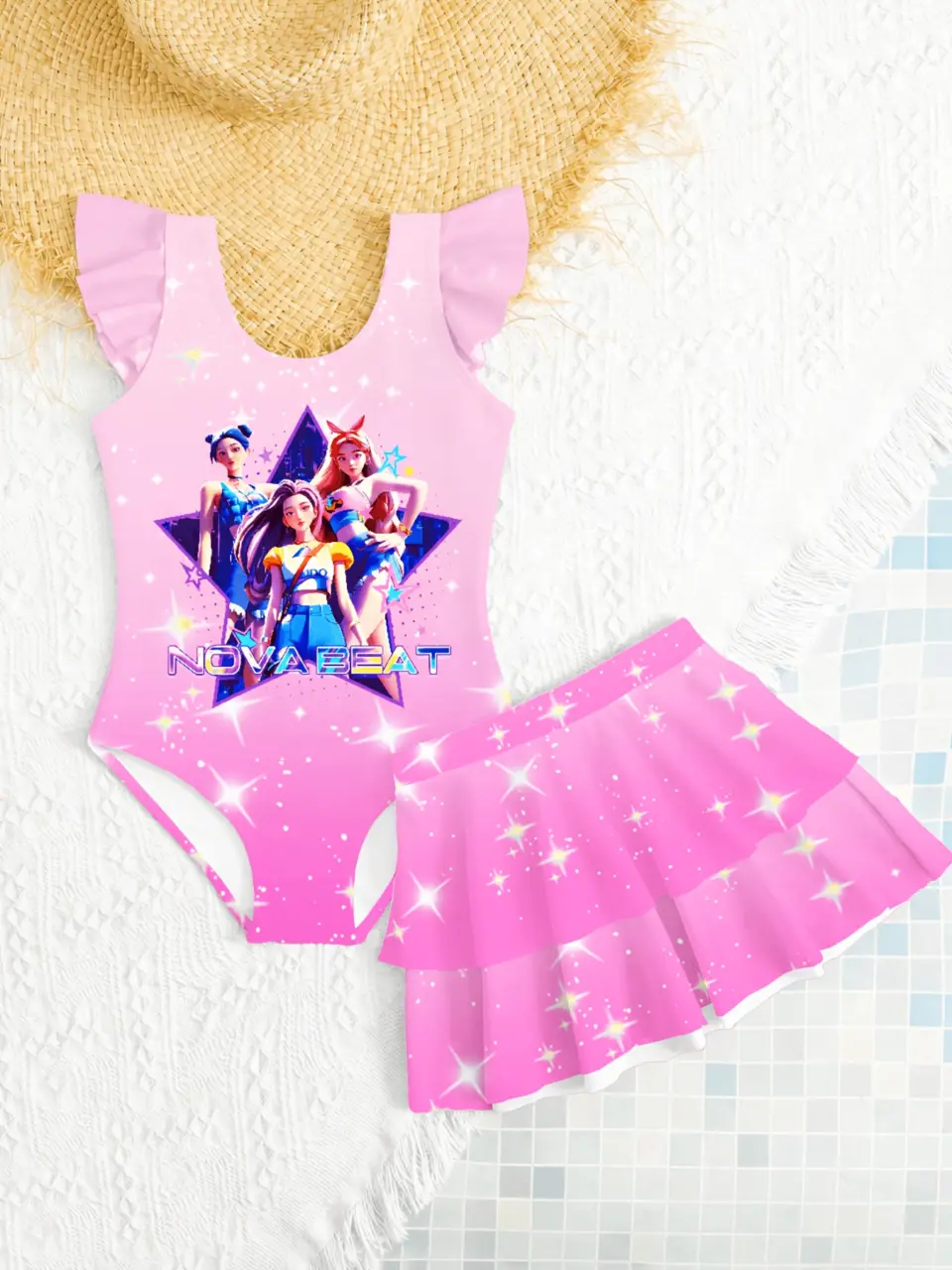 Girls Cartoon Print Swim Dress Set