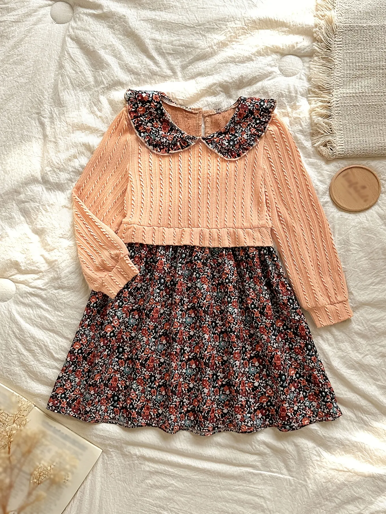 Girls Knit Floral Dress with Lace Collar gallery view