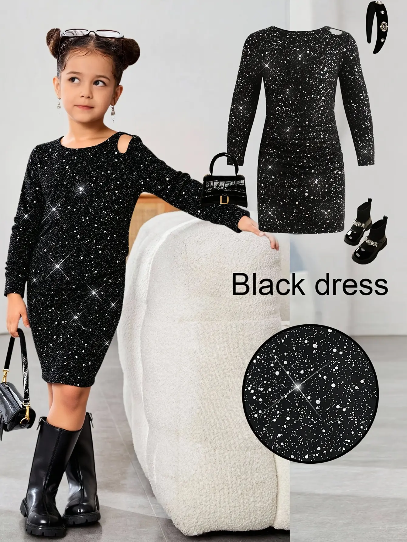 Girls Black Star Party Dress detail view