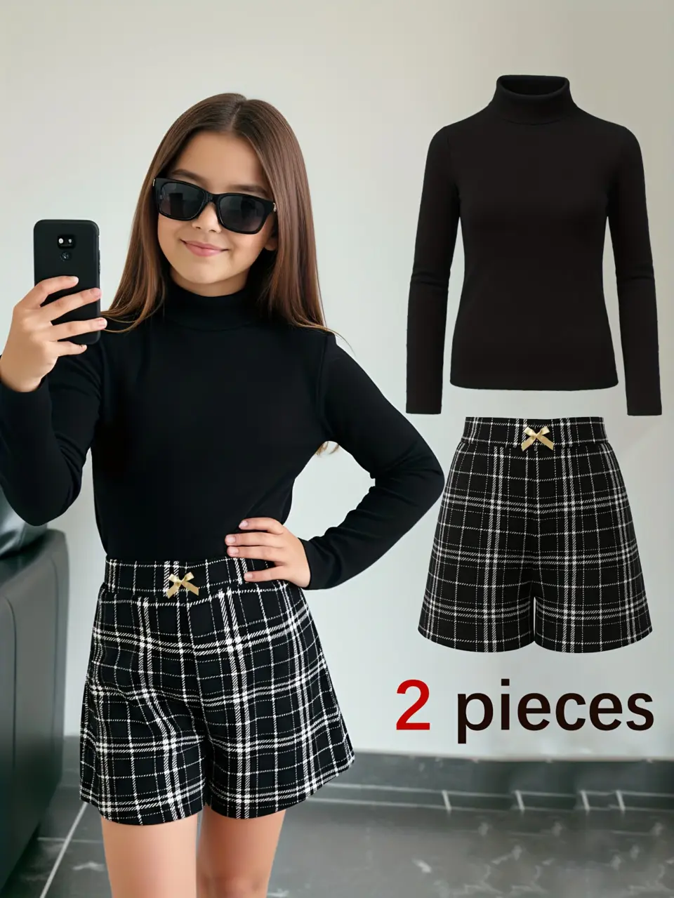 Girls Black Turtleneck and Plaid Shorts Set