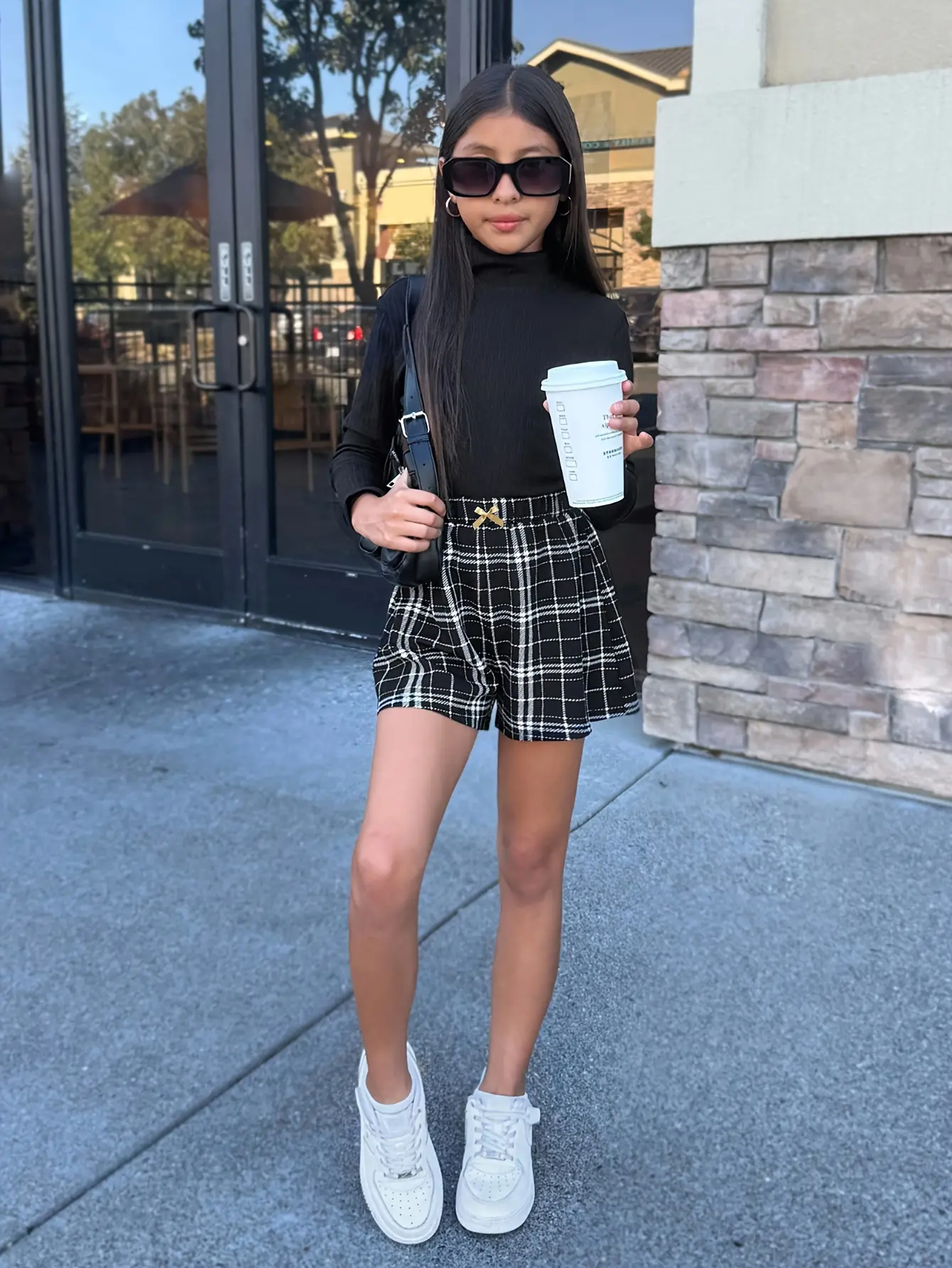 Girls Black Turtleneck and Plaid Shorts Set detail view