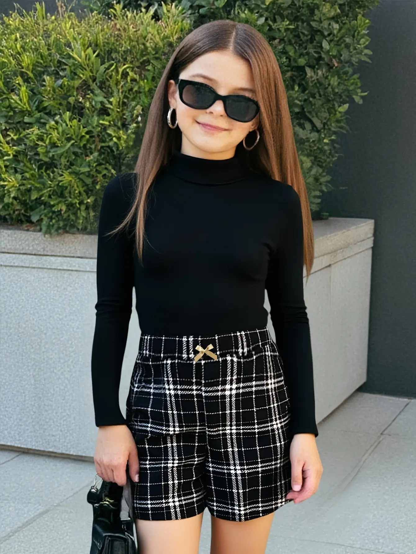 Girls Black Turtleneck and Plaid Shorts Set detail view