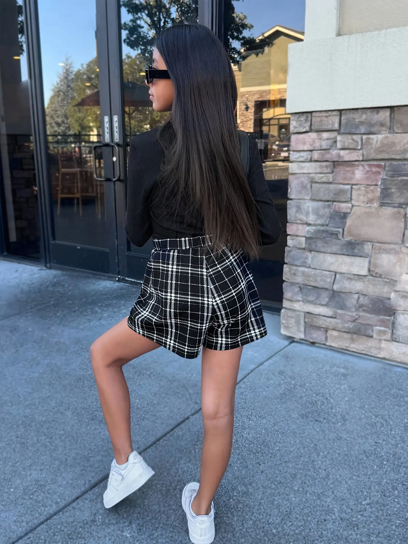 Girls Black Turtleneck and Plaid Shorts Set detail view