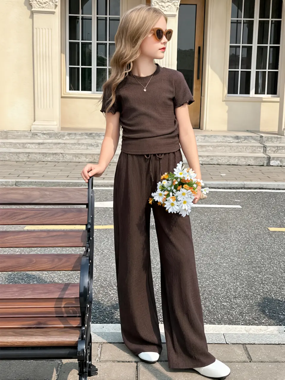 Girls Chocolate Brown Top and Wide Leg Pants Set