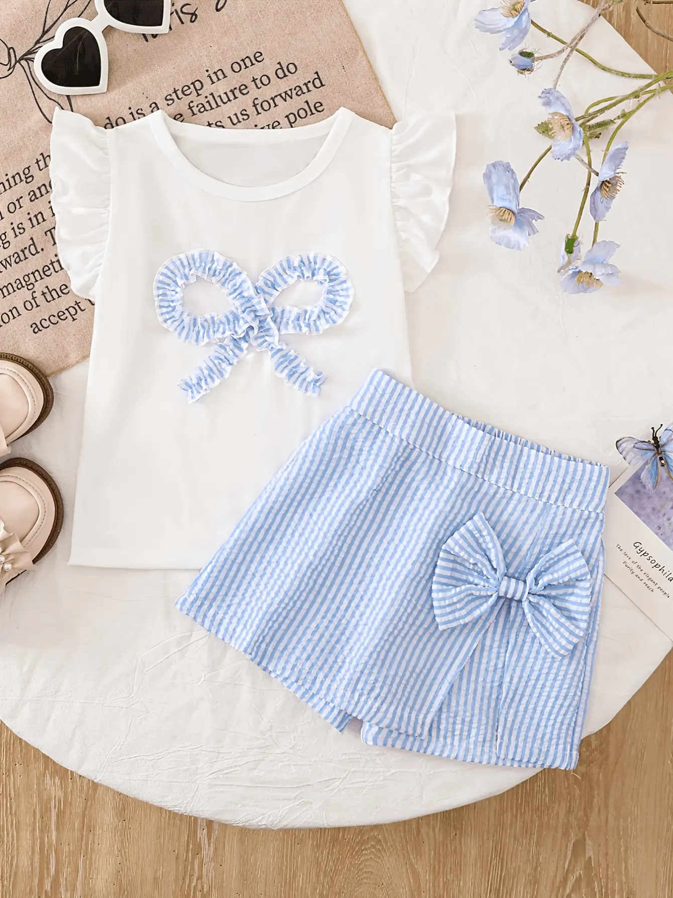 Girls Bow T-Shirt and Striped Skirt Set detail view