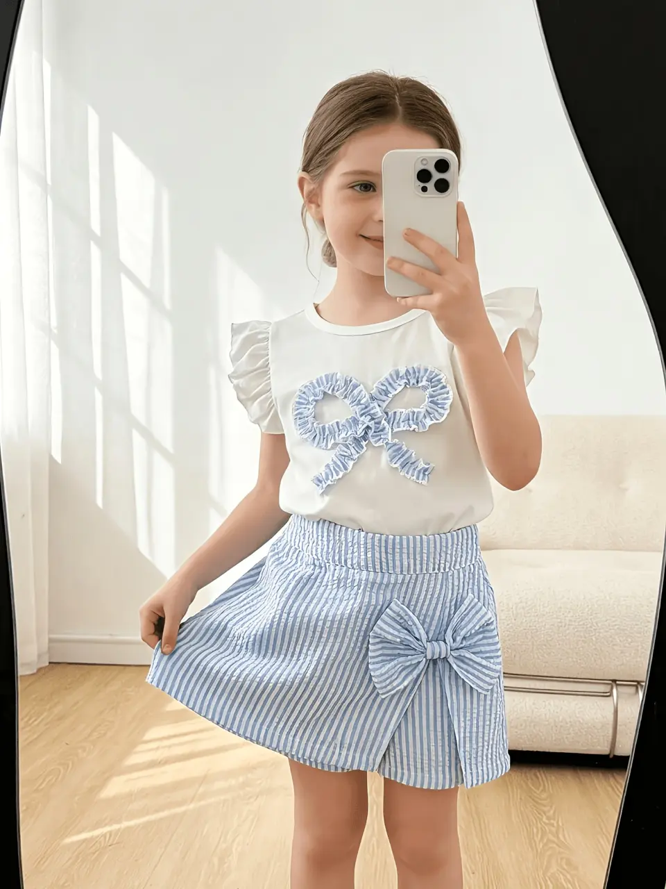 Girls Bow T-Shirt and Striped Skirt Set