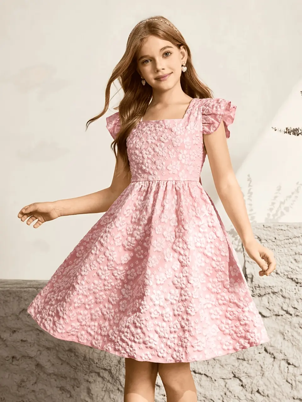 Girls Pink Floral Jacquard Party Dress