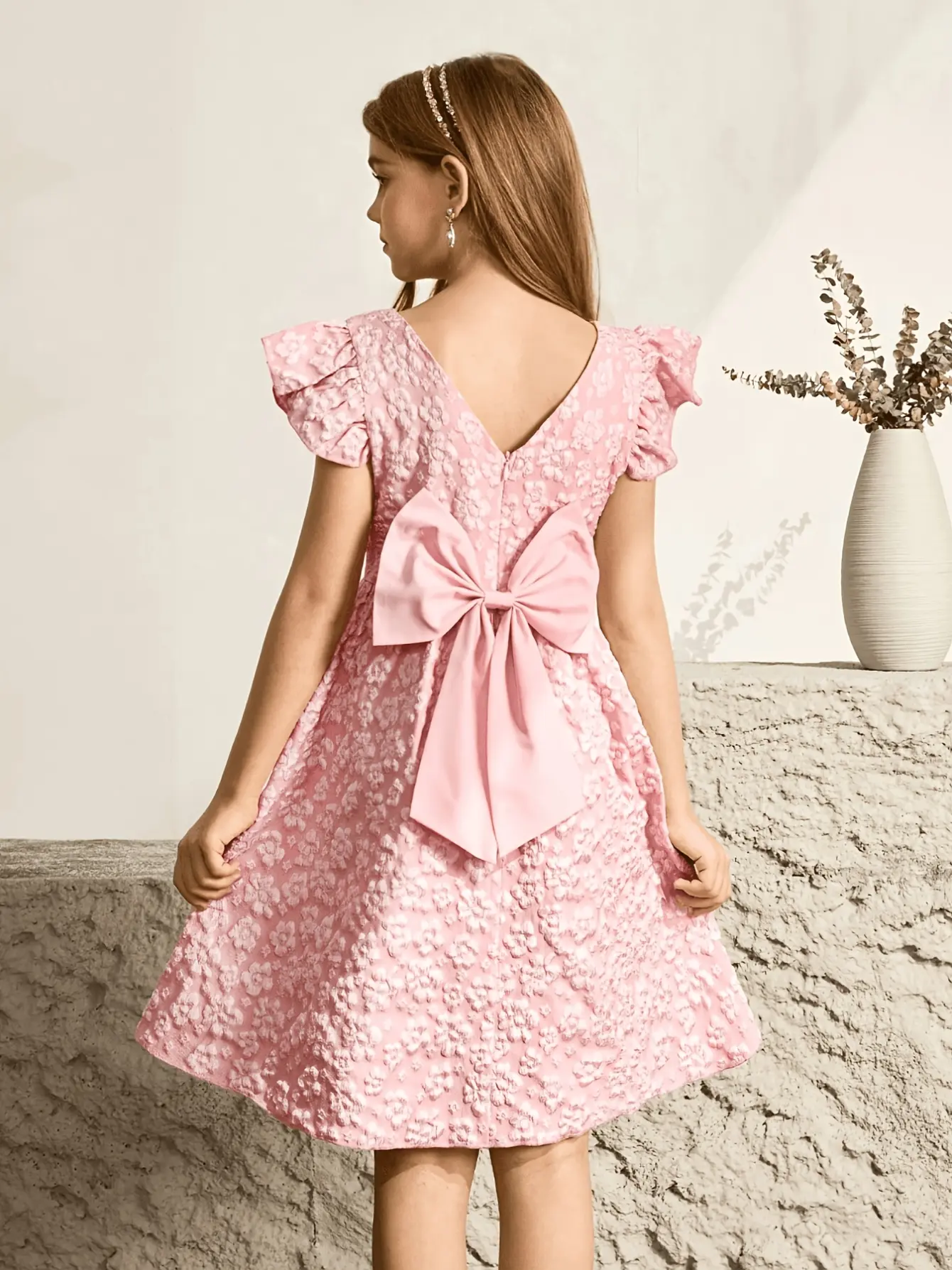 Girls Pink Floral Jacquard Party Dress detail view