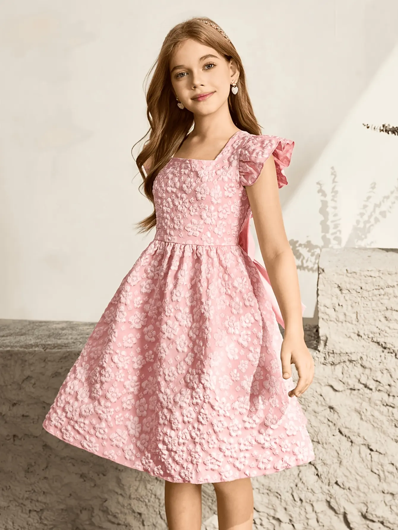 Girls Pink Floral Jacquard Party Dress detail view