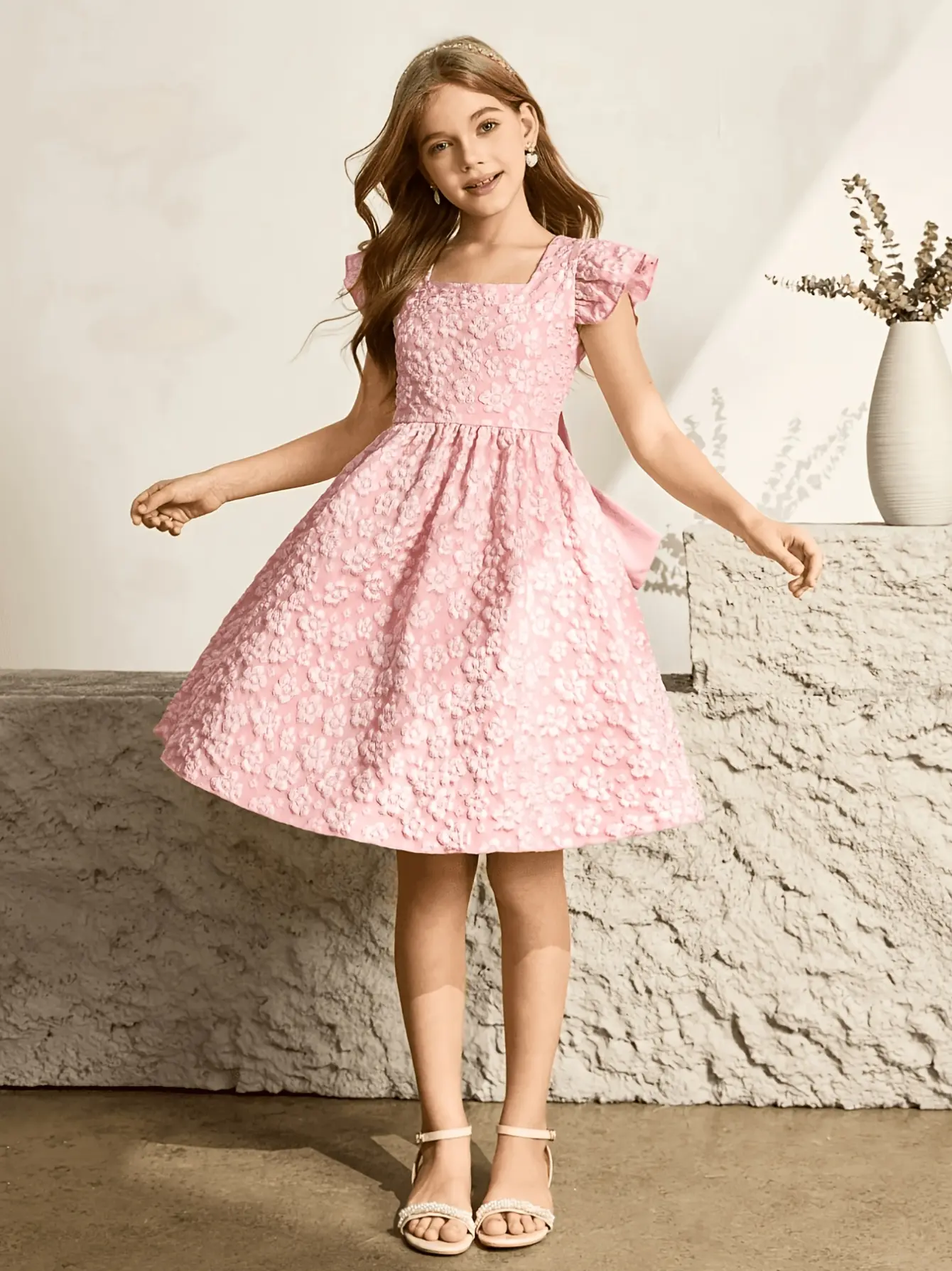 Girls Pink Floral Jacquard Party Dress detail view