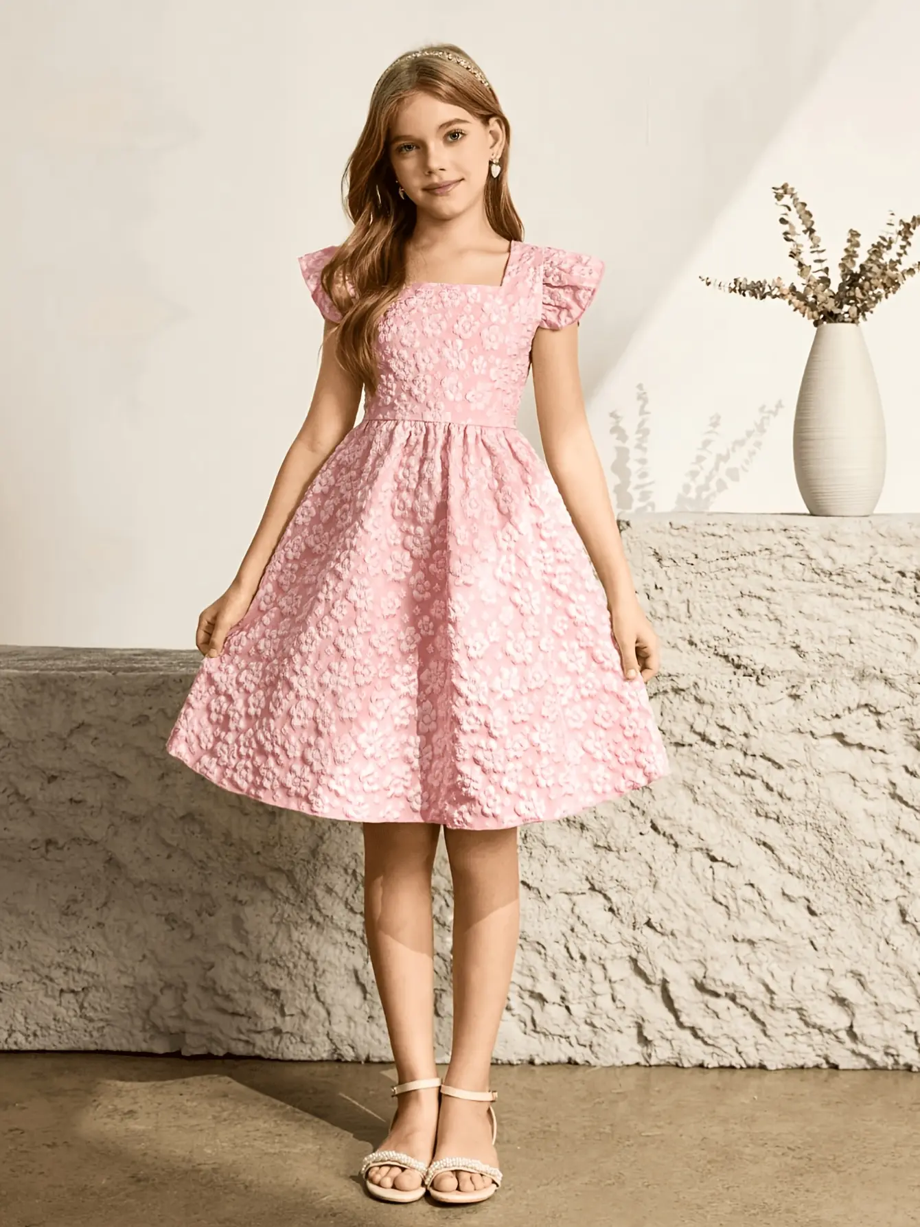 Girls Pink Floral Jacquard Party Dress detail view