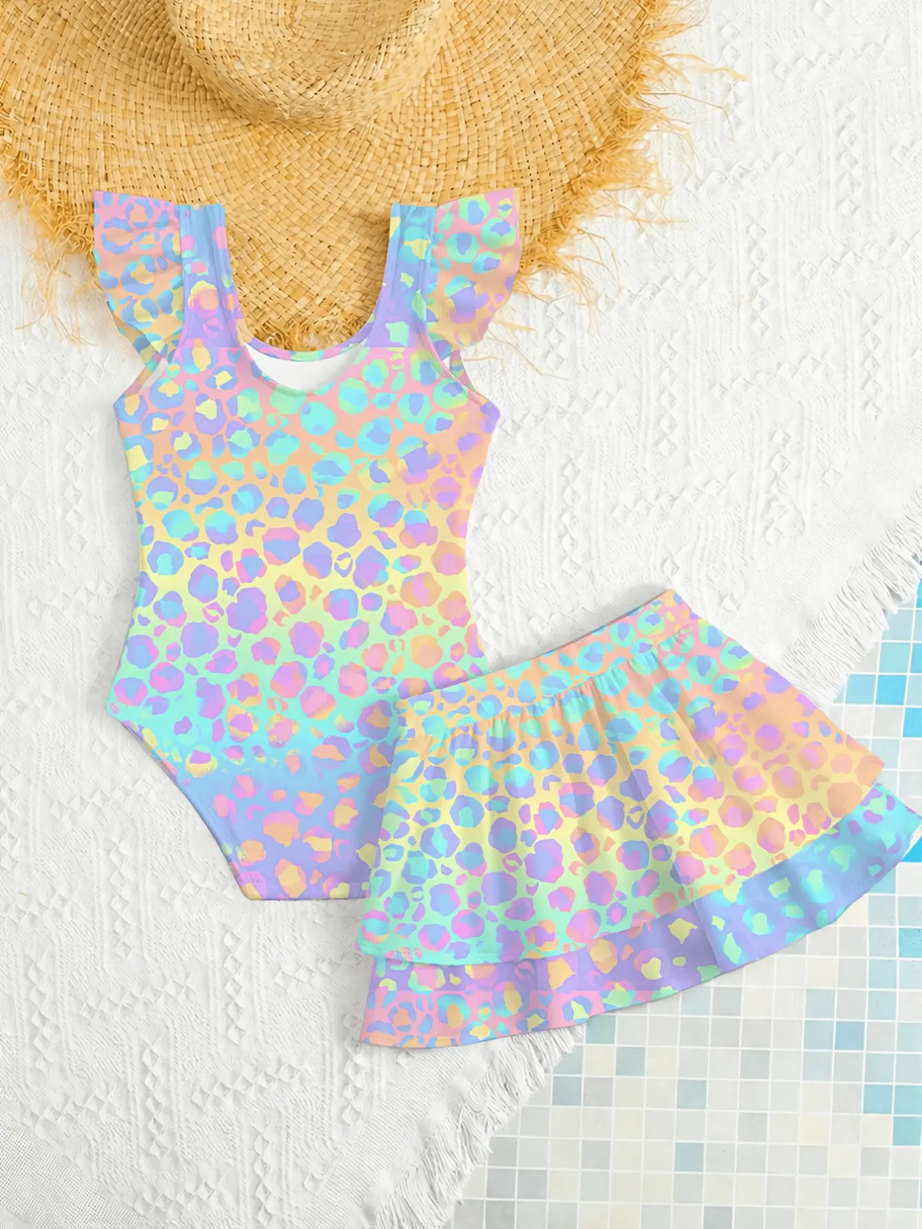 Girls Vacation Cartoon Swim Dress Set detail view
