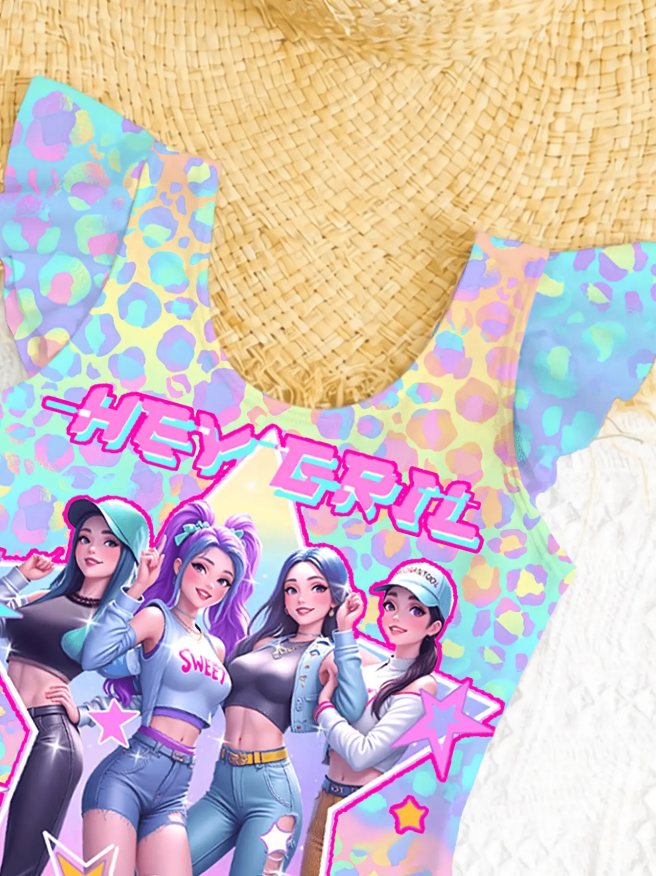 Girls Vacation Cartoon Swim Dress Set detail view