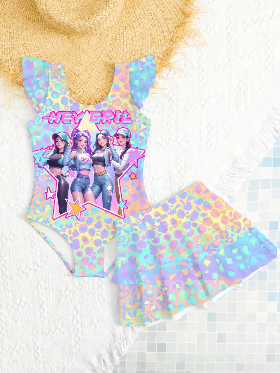 Girls Vacation Cartoon Swim Dress Set