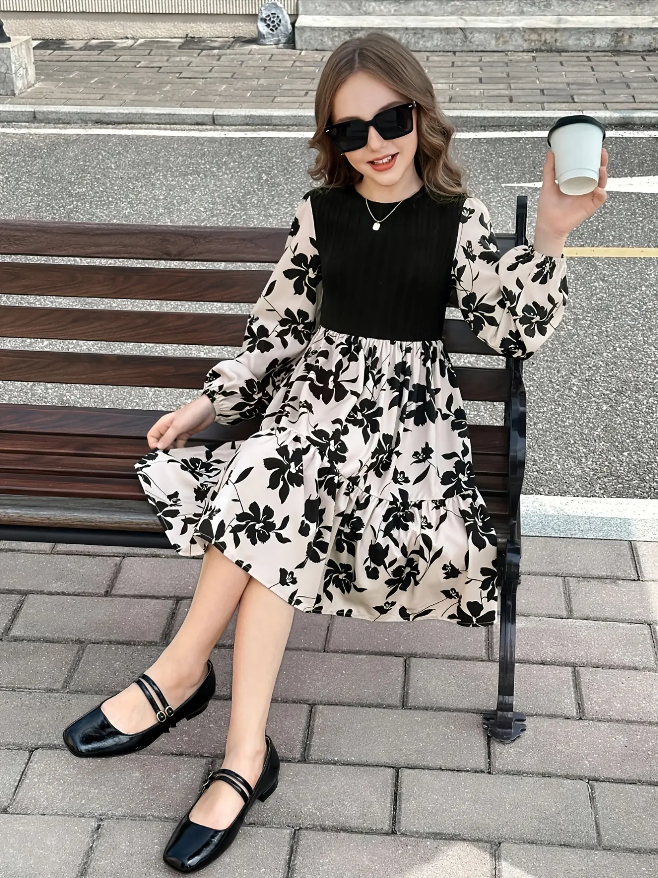 Girls Black Floral Long Sleeve Dress