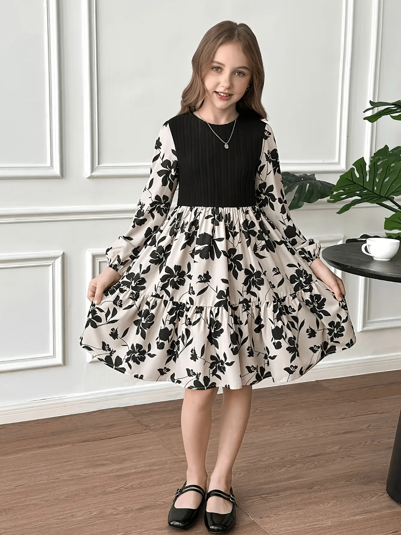 Girls Black Floral Long Sleeve Dress detail view
