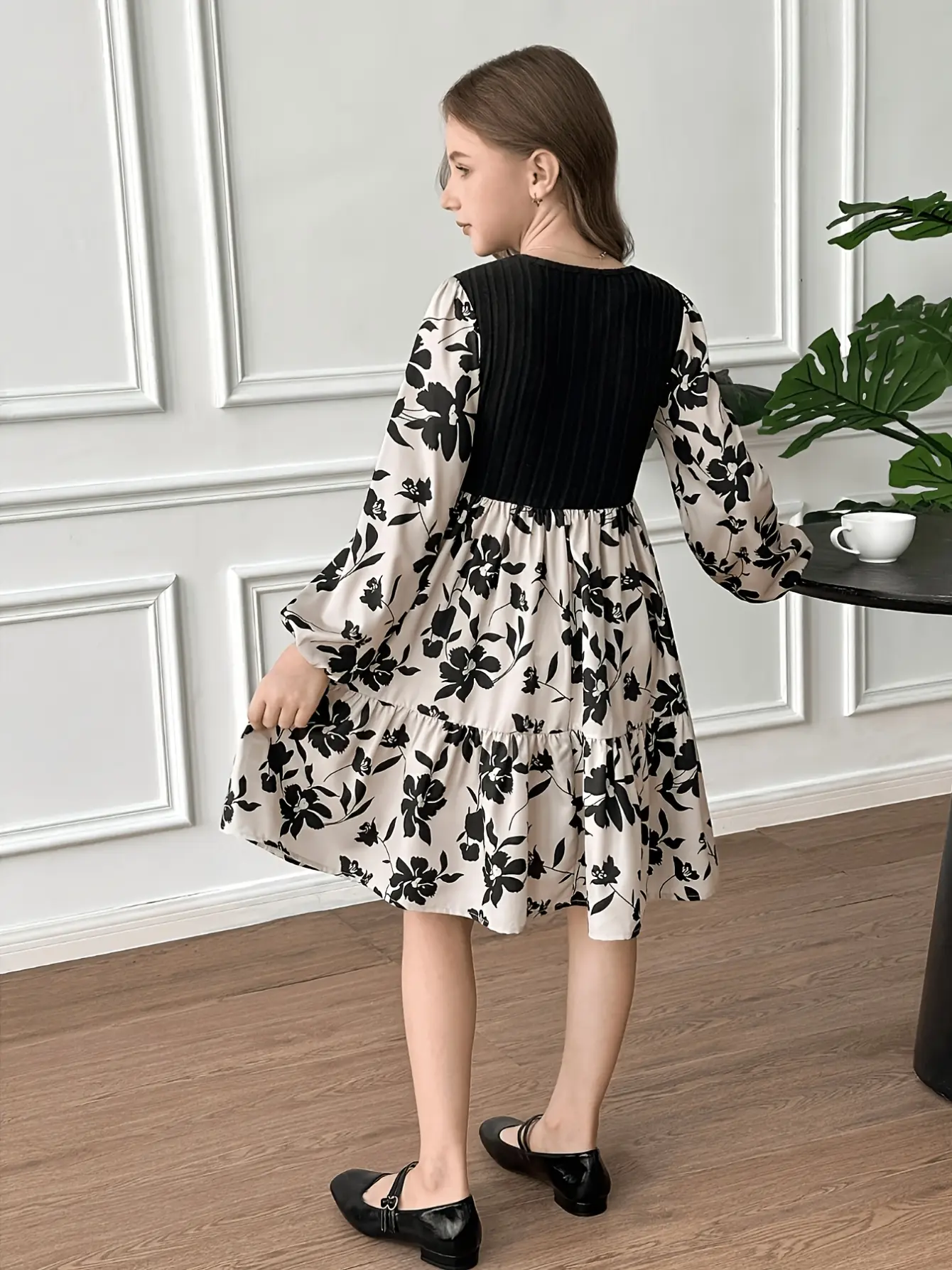 Girls Black Floral Long Sleeve Dress detail view