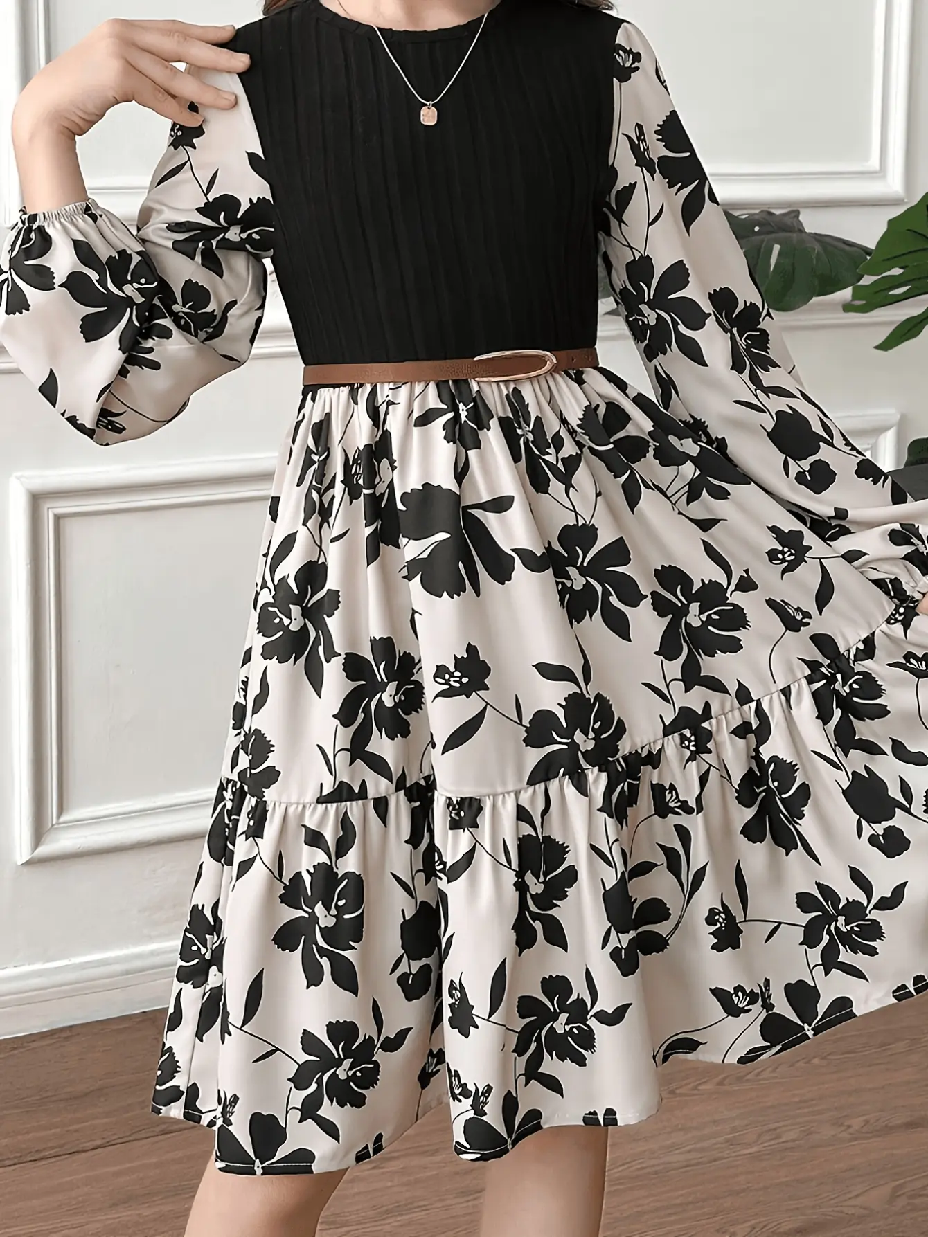 Girls Black Floral Long Sleeve Dress detail view