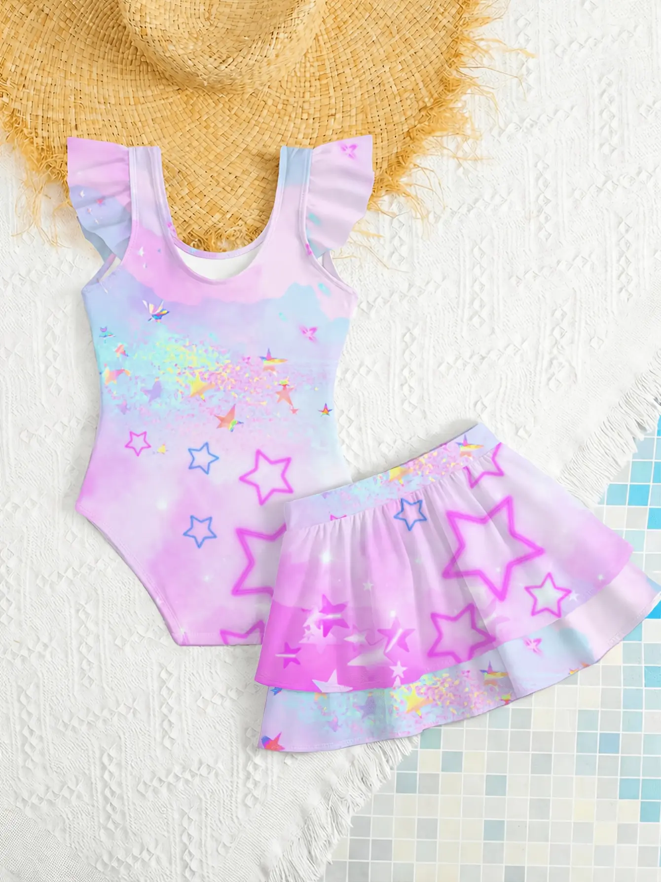 Girls Gradient Cartoon Swimwear Set detail view