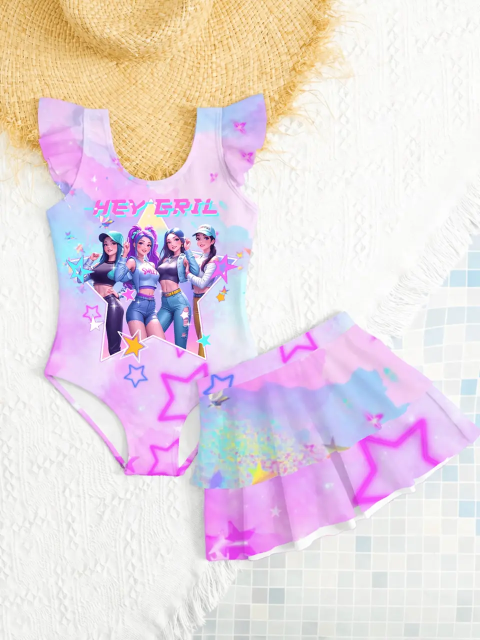 Girls Gradient Cartoon Swimwear Set