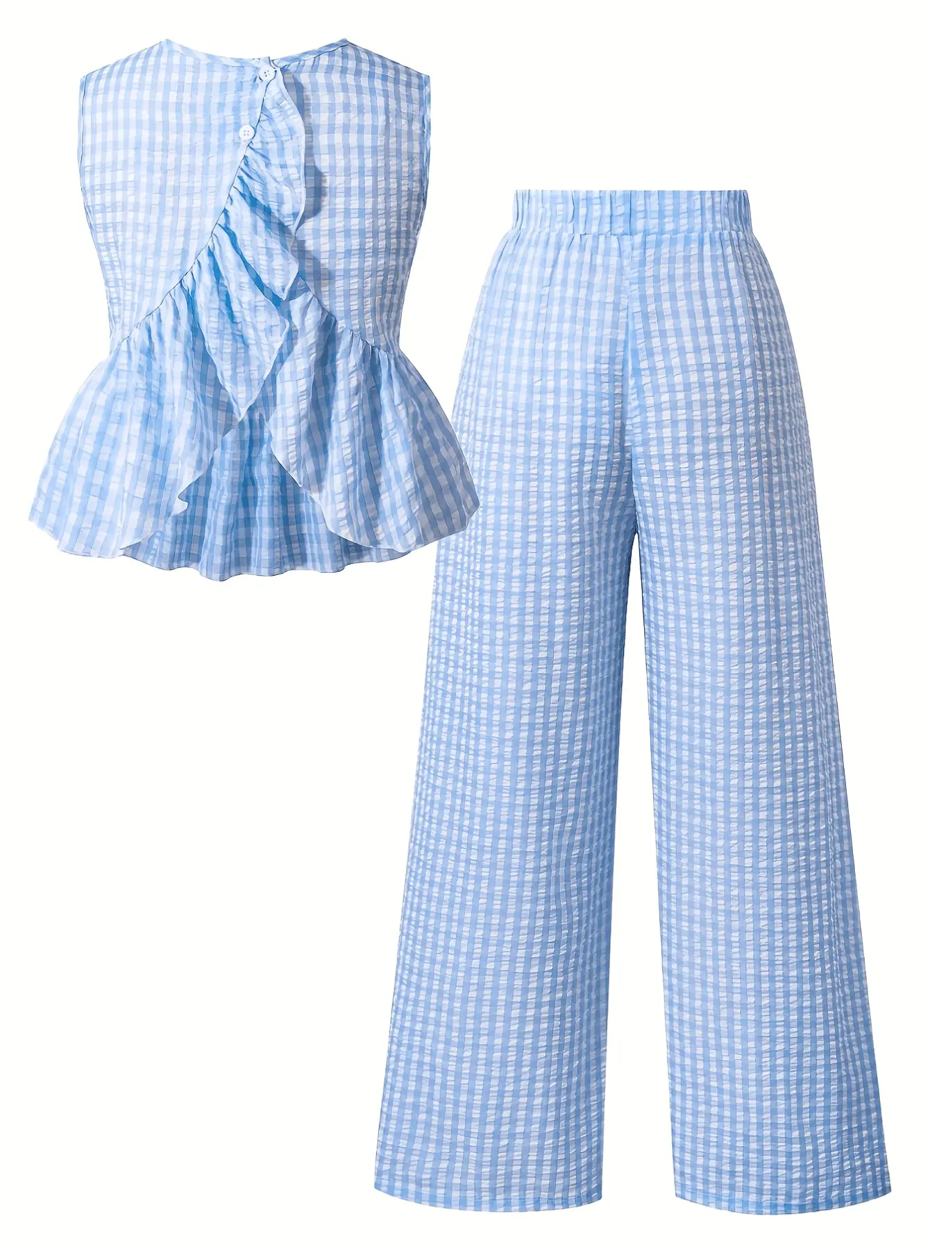 Girls Blue Gingham Top and Wide Leg Pants Set detail view