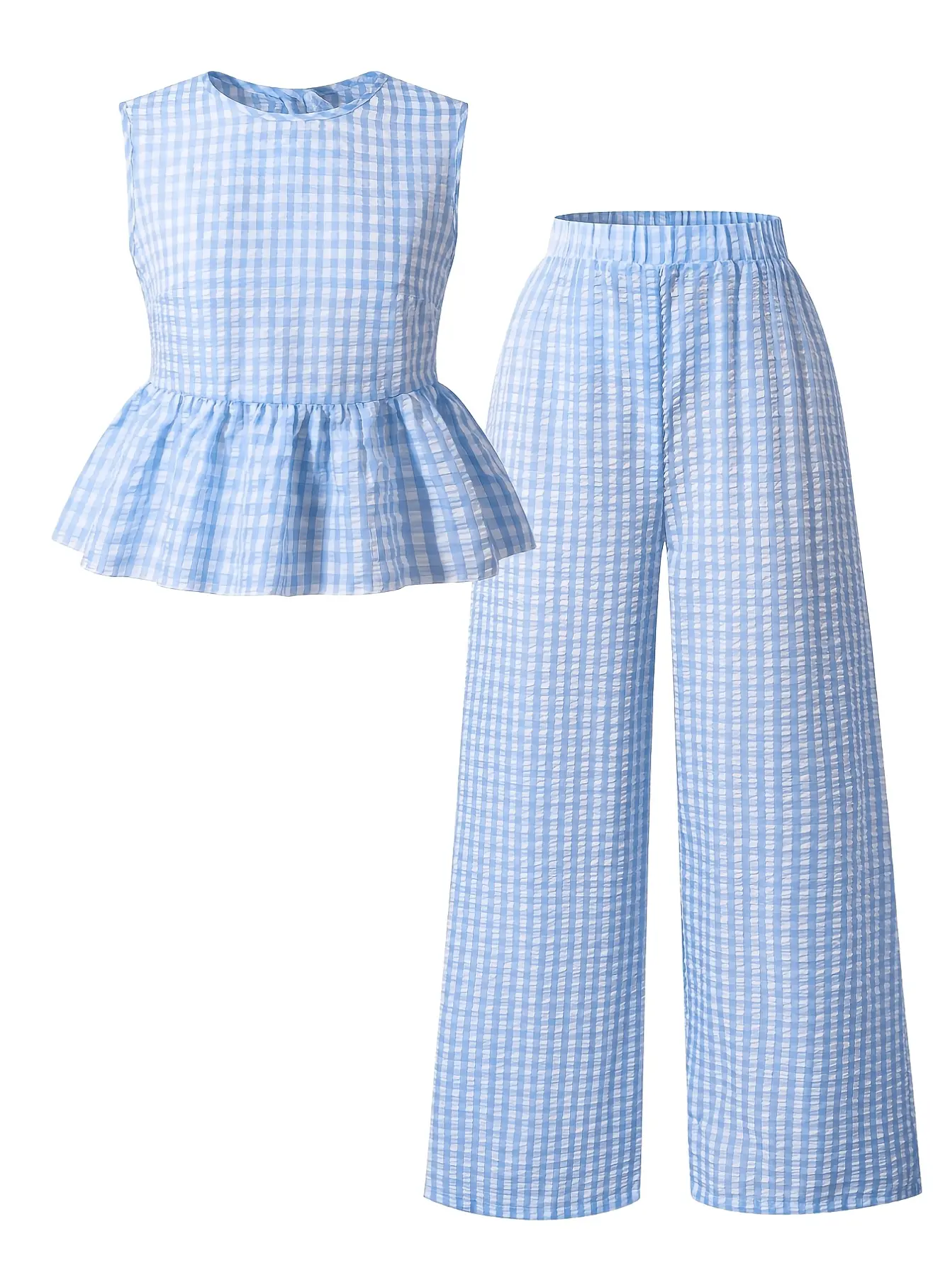 Girls Blue Gingham Top and Wide Leg Pants Set detail view