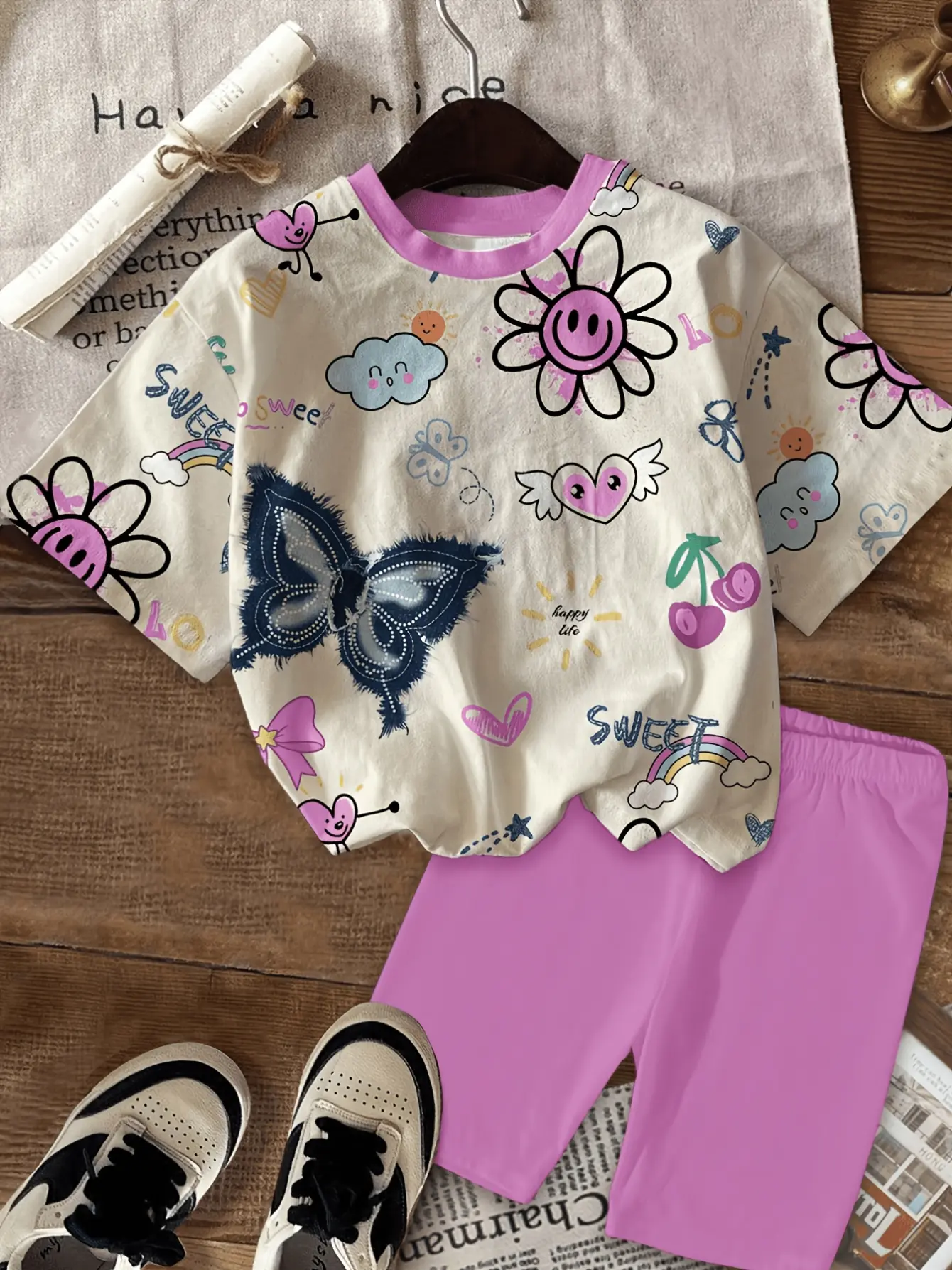 Girls Graphic Tee and Purple Biker Shorts Set detail view