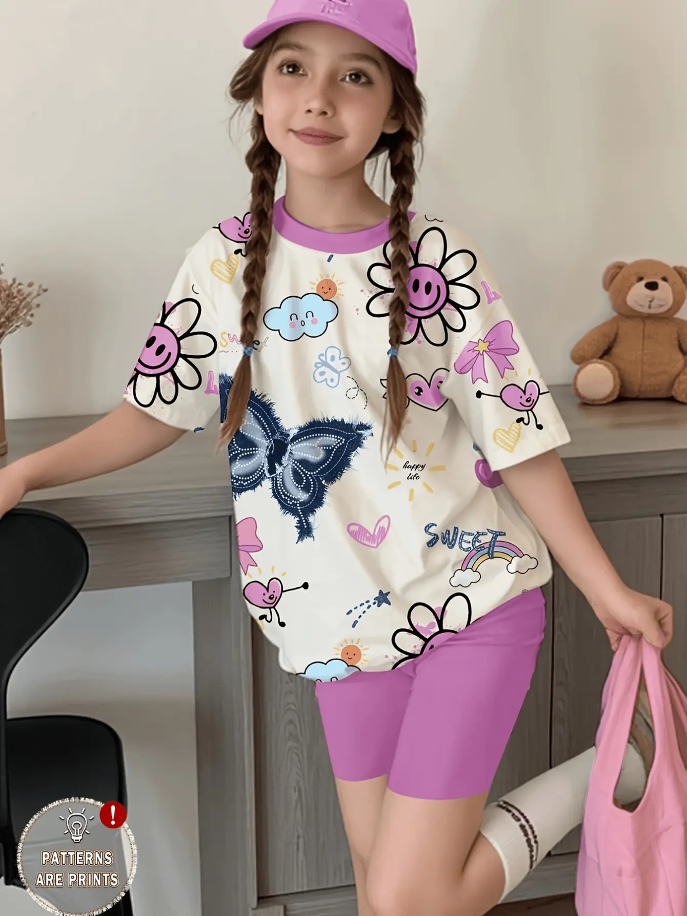 Girls Graphic Tee and Purple Biker Shorts Set