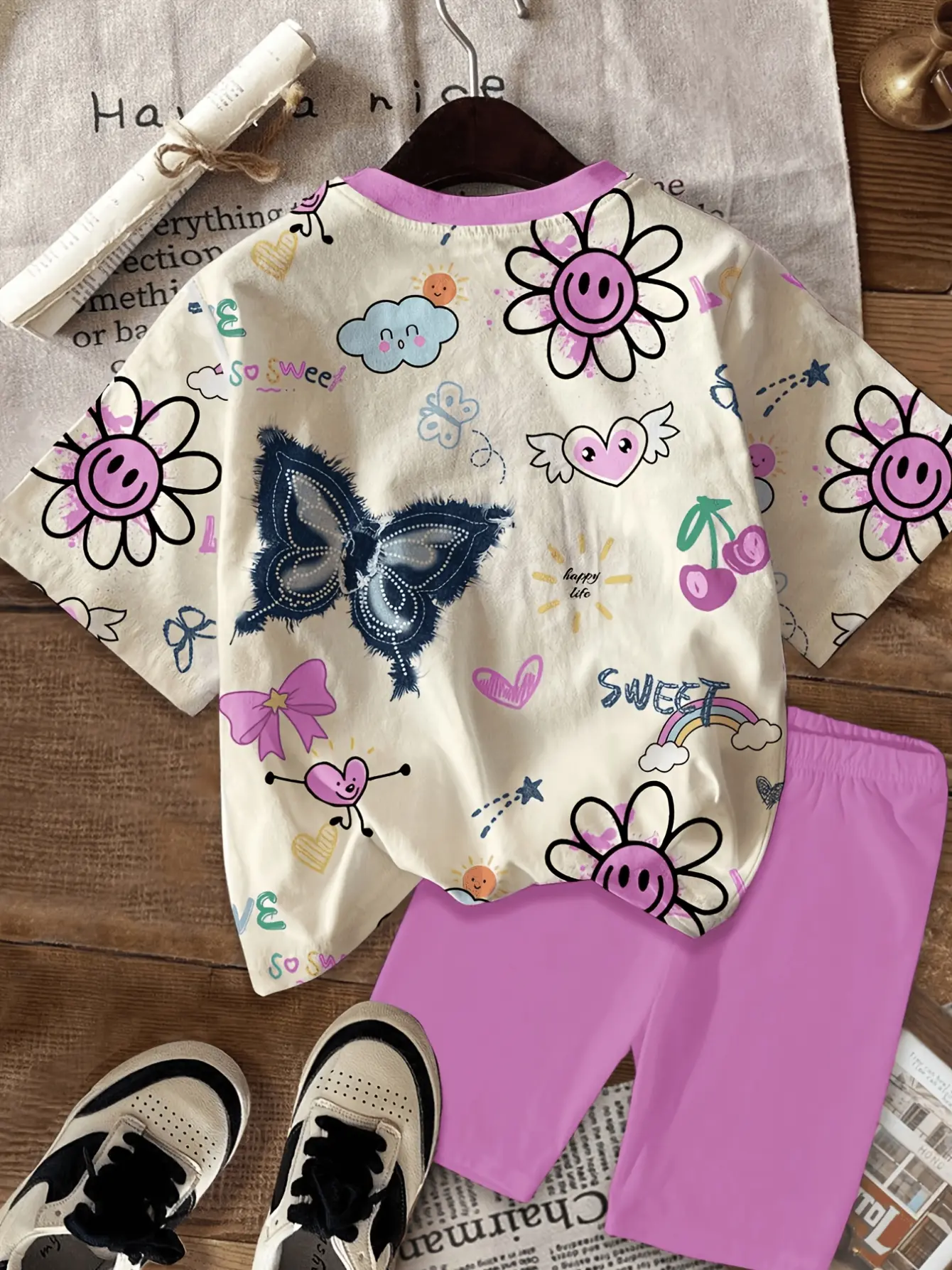 Girls Graphic Tee and Purple Biker Shorts Set detail view