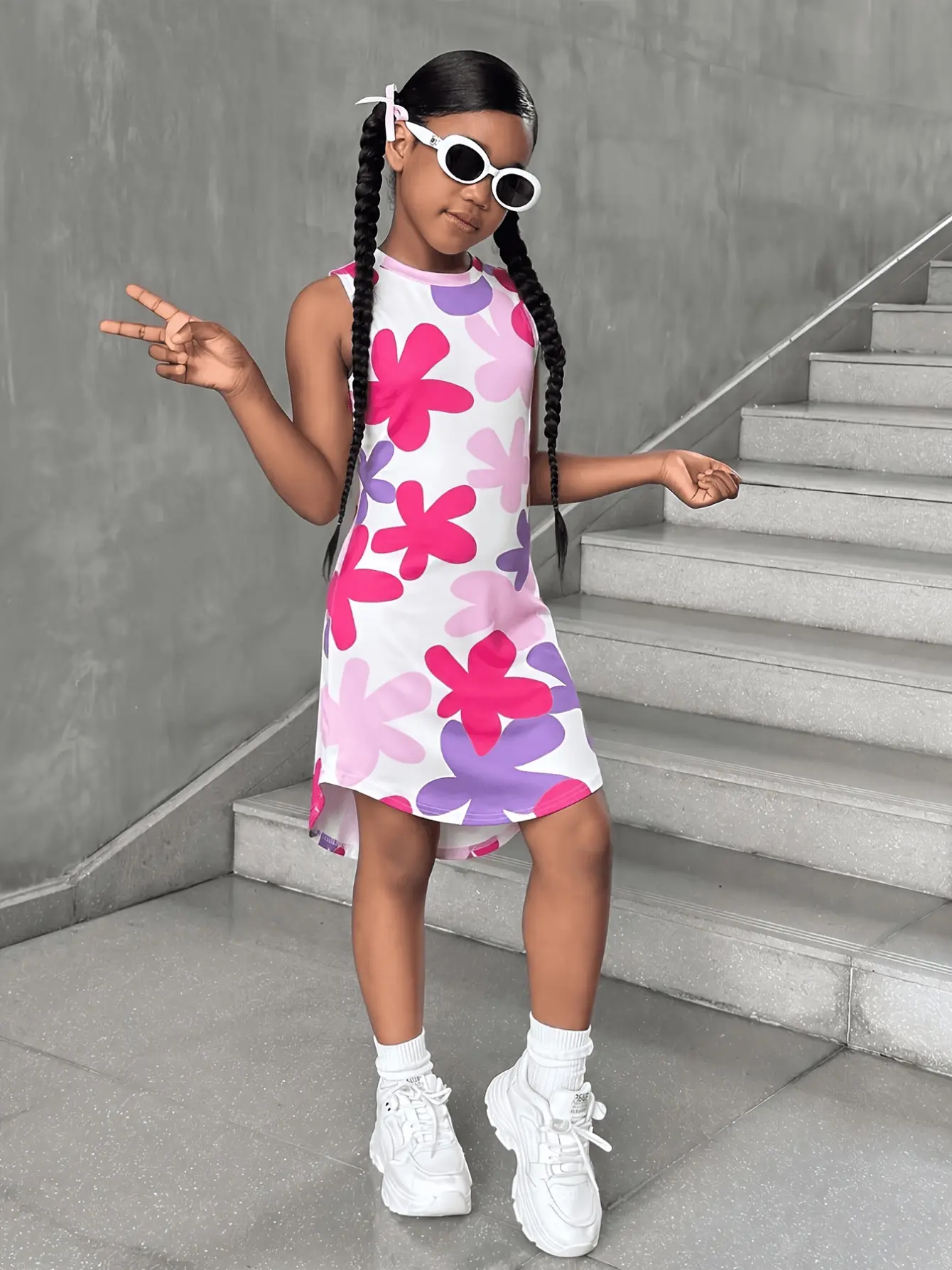 Girls Pink Purple Floral Sleeveless Dress detail view