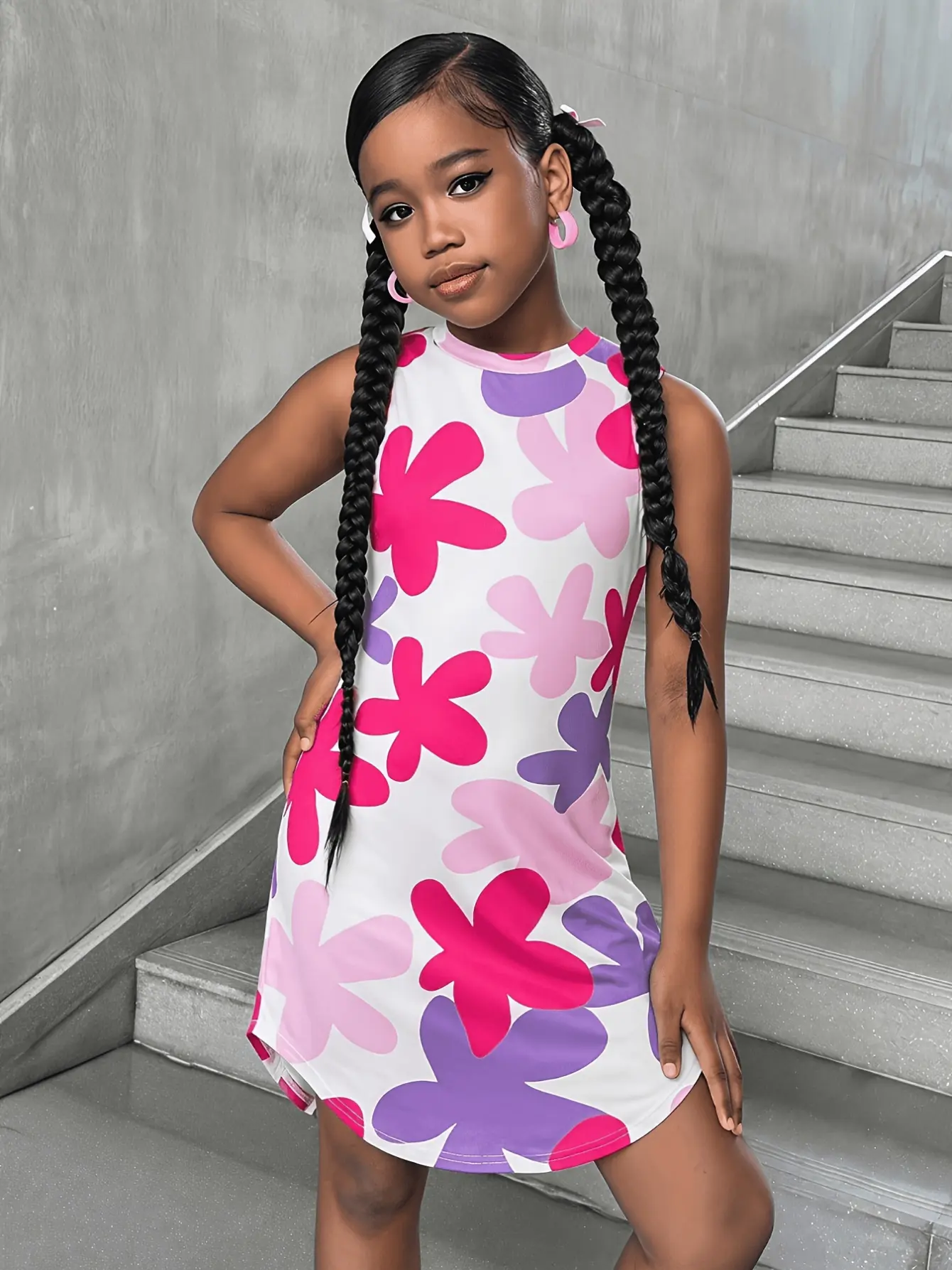 Girls Pink Purple Floral Sleeveless Dress detail view