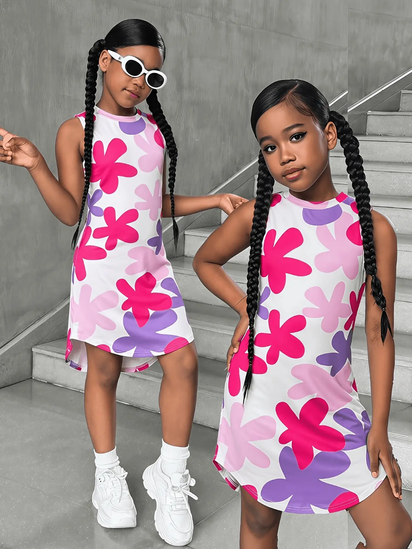 Girls Pink Purple Floral Sleeveless Dress