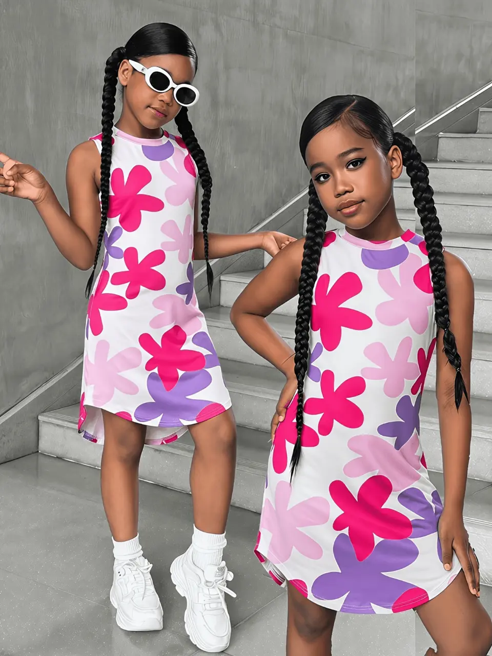 Girls Pink Purple Floral Sleeveless Dress