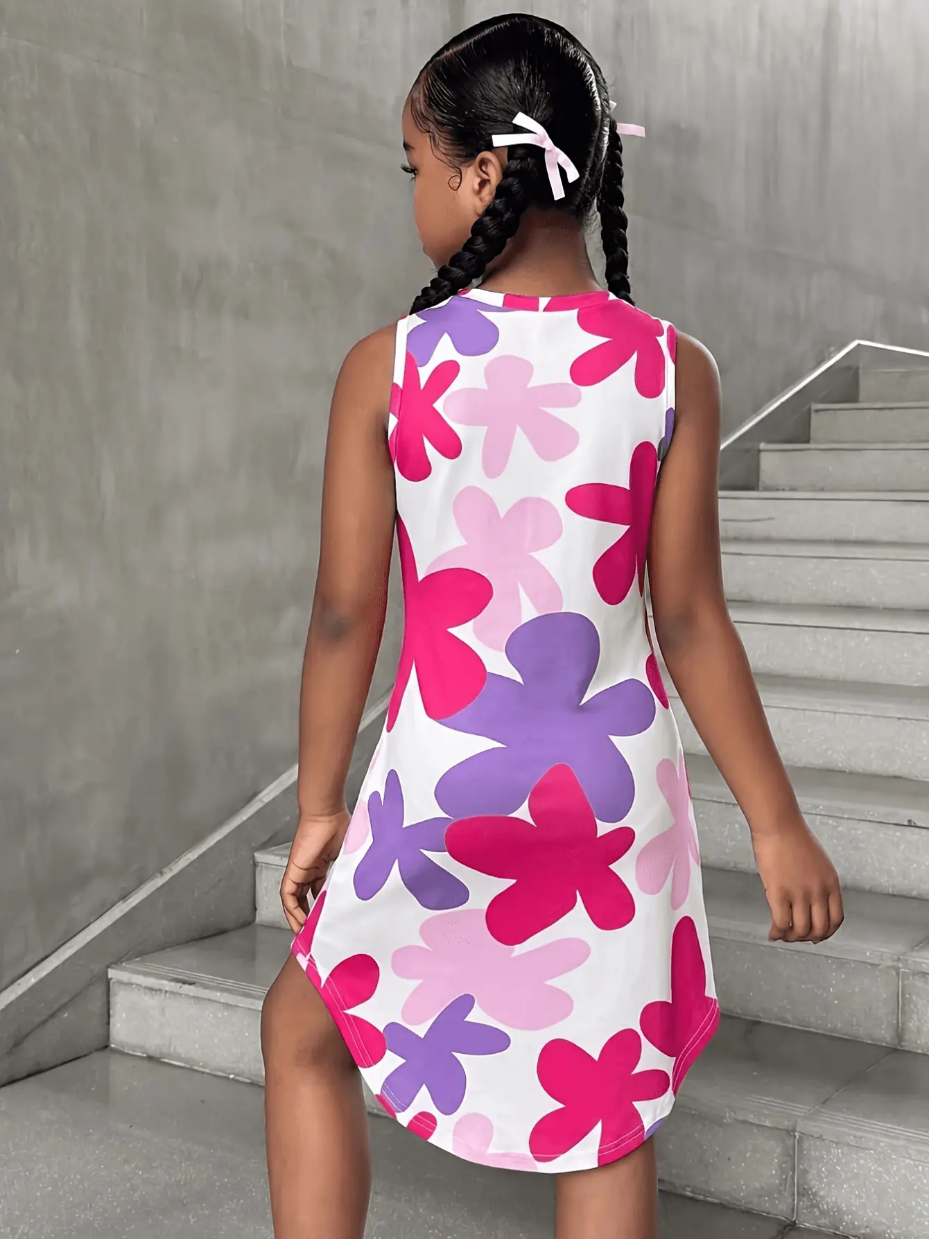 Girls Pink Purple Floral Sleeveless Dress detail view
