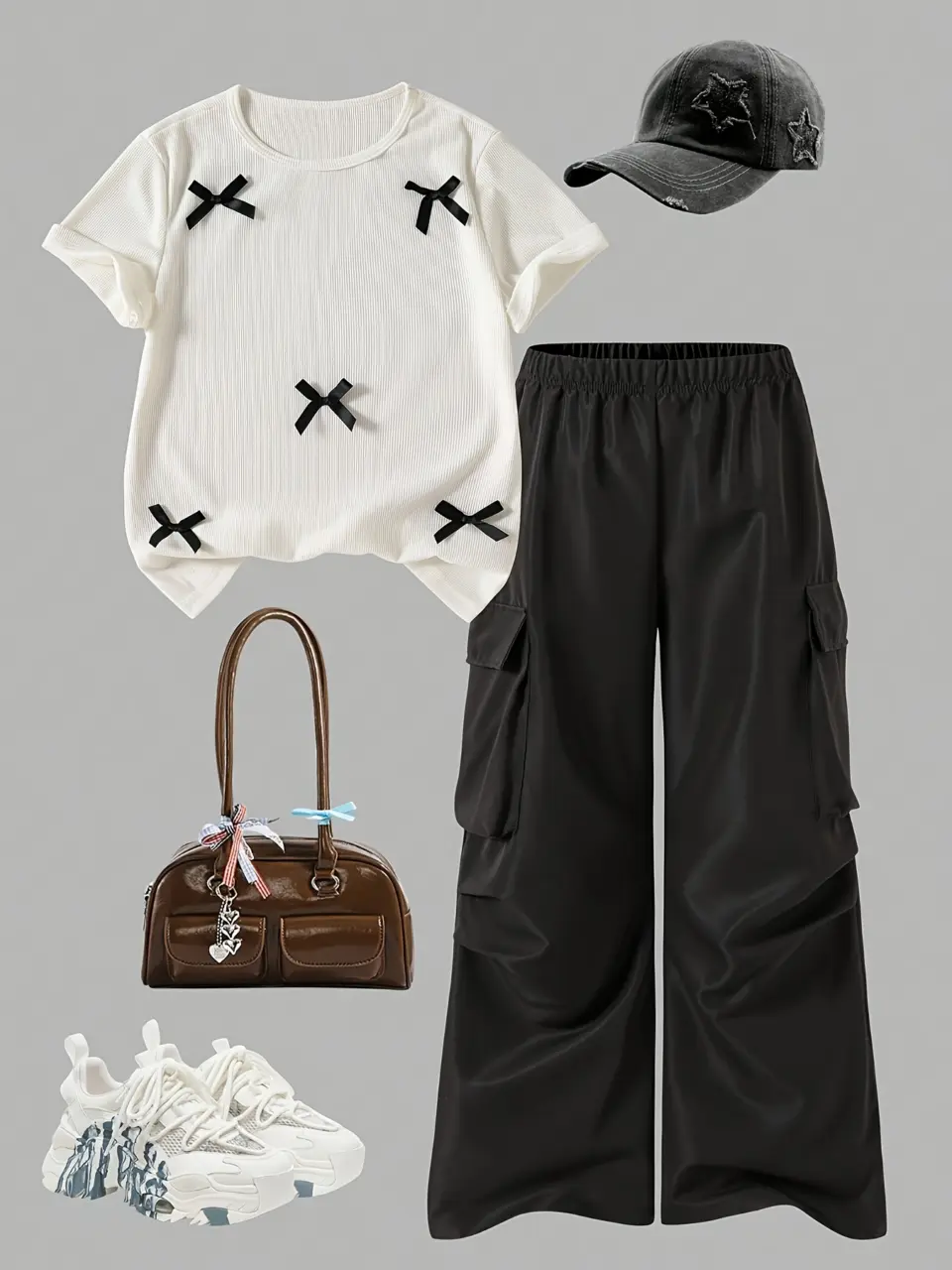 Girls Bow Knit Tee and Cargo Wide Leg Pants Set
